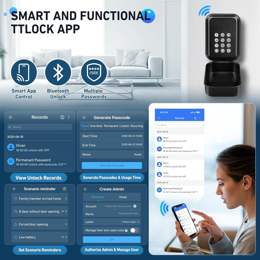 HUANLANG Smart Key Lock Box - Bluetooth Electronic Lock Box for Keys, Wall Mount Digital Key Storage with App Control & PIN Code Types, IP65 Waterproof lockbox for Home, Airbnb, Realtor and Office