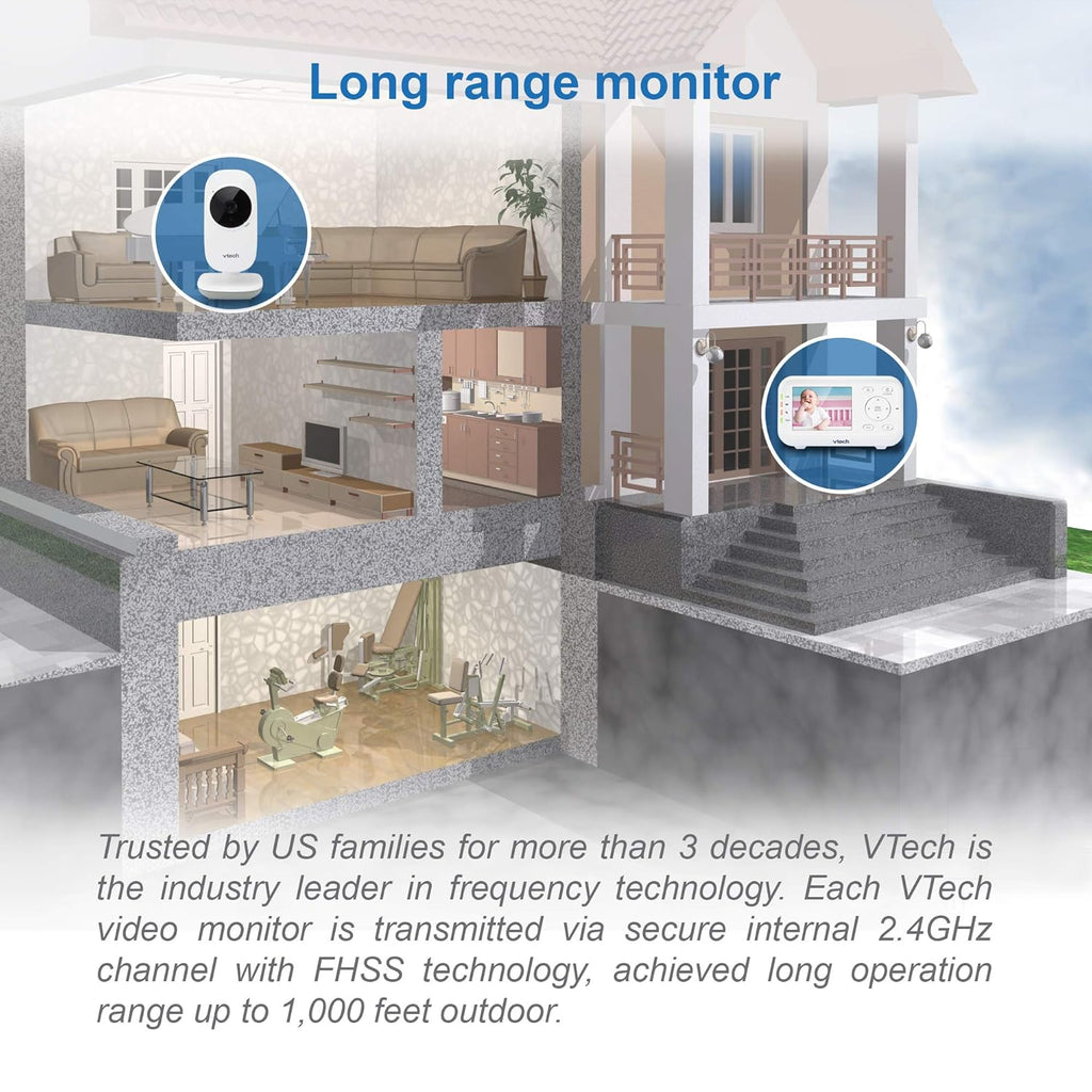 VTech VM3252 Video Baby Monitor with 1000ft Long Range, Auto Night Vision, 2.8” Screen, 2-Way Audio Talk, Temperature Sensor, Lullabies