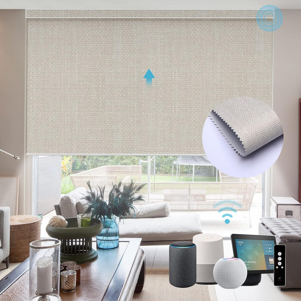 SmartWings Motorized Roller Shades Work with Homekit, Alexa Google, 100% Blackout Smart Blinds for Windows, Cordless Remote Control Window Shades, Vigor Cream, Customized Size