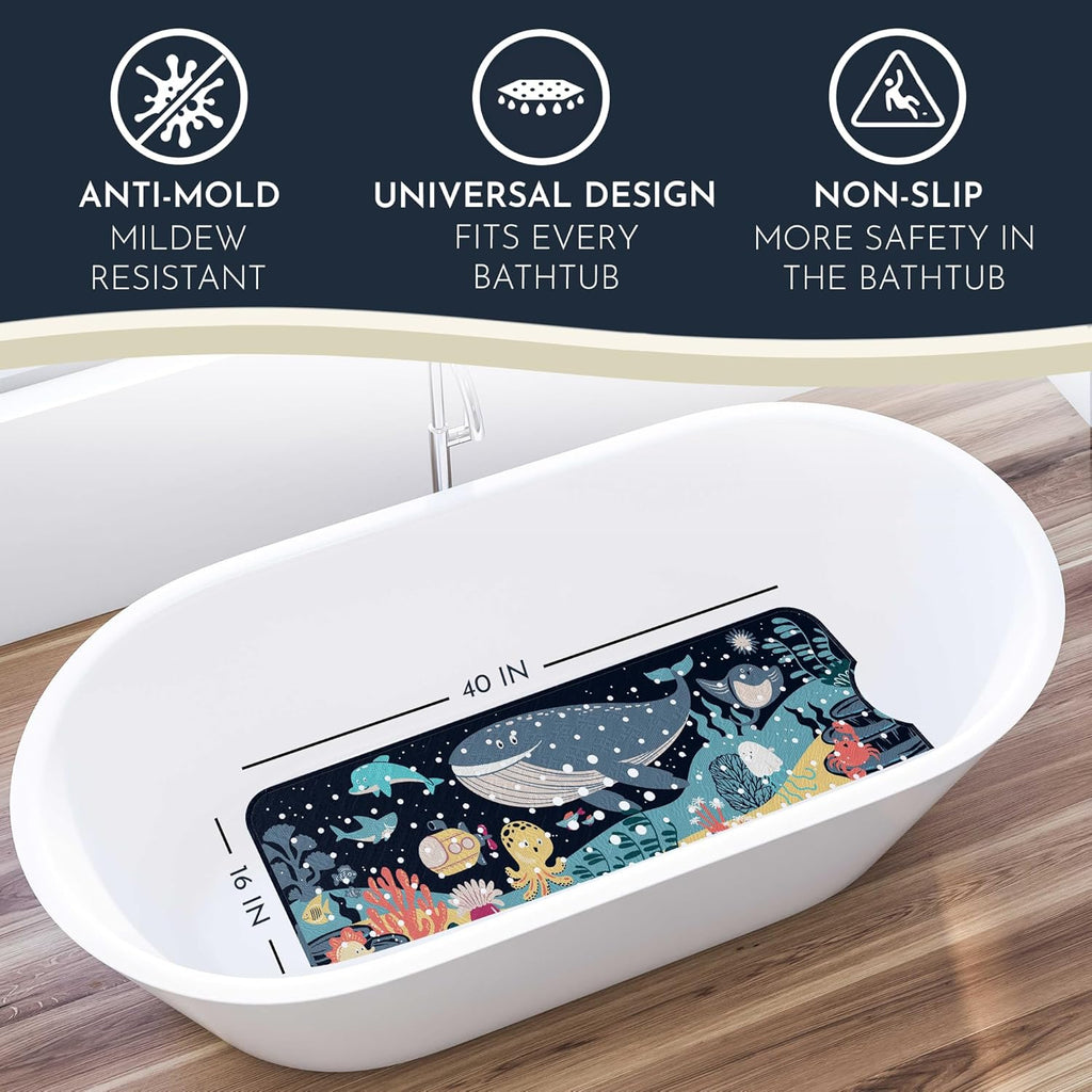 Bath Tub Mat Non Slip Anti Mold for Kids BPA Free INCL Hooks - homerella® Ocean Sea Animals 40x16, Baby Bath Mat Non Slip 200 Suction Cups, Non Toxic Machine Washable Toddler Bath Mat, EU Certified