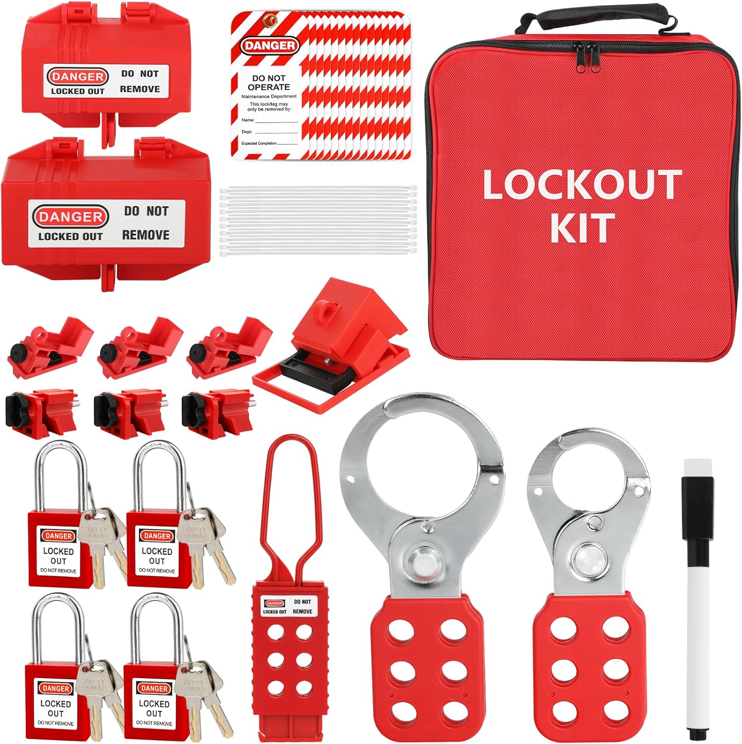 Lockout Tagout Kit Electrical Loto 33Pcs - Safety Padlocks Clamp-On Circuit Breaker Lockout, Group Lockout Hasps, Lockout Tag, Universal Multi- Pole Breaker and Red Carrying Bag