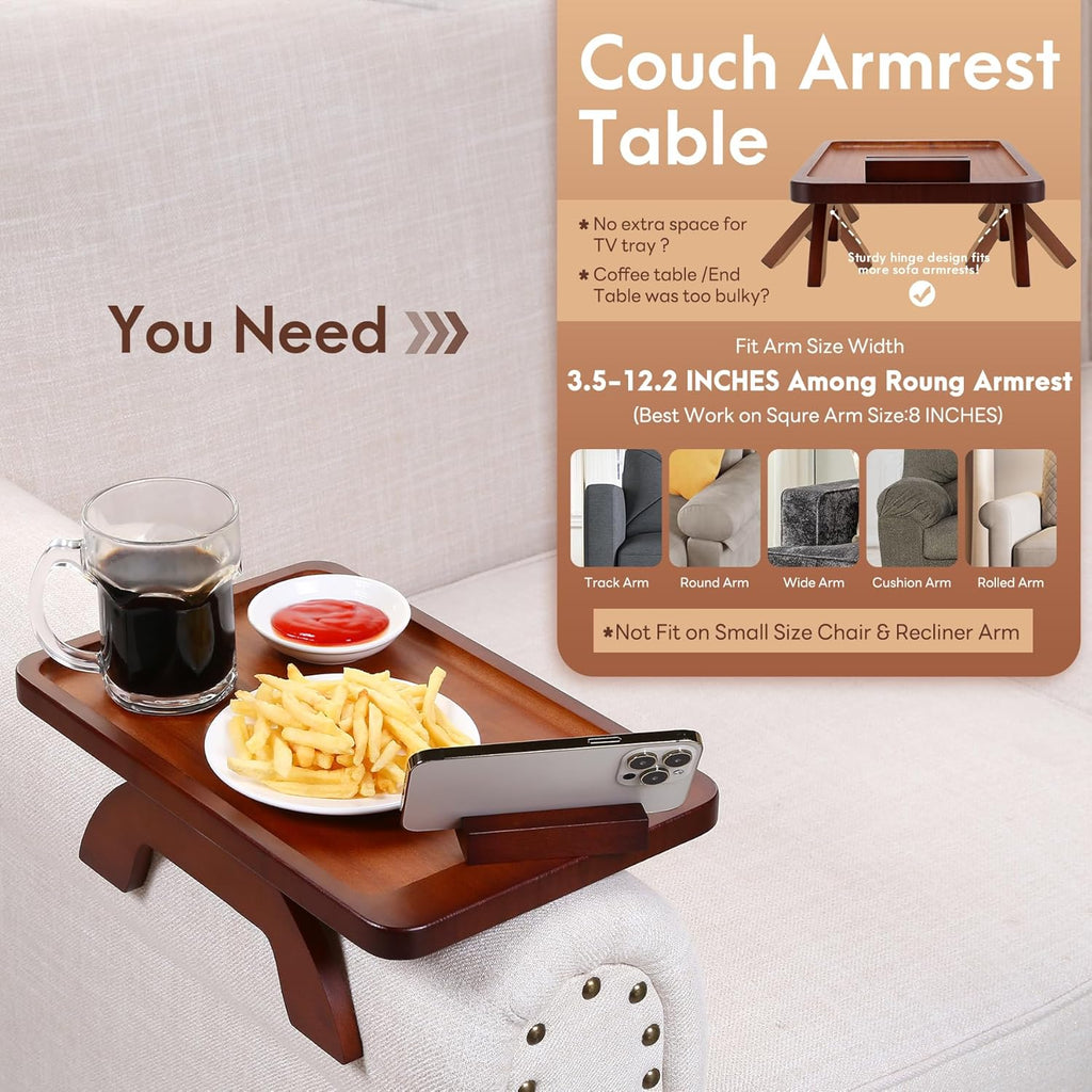 SINWANT Couch Arm Tray, Bamboo Couch Arm Table with 360° Rotating Phone Holder,Sofa Armrest Tray for Eating,Drinks,Snacks, Remote Control
