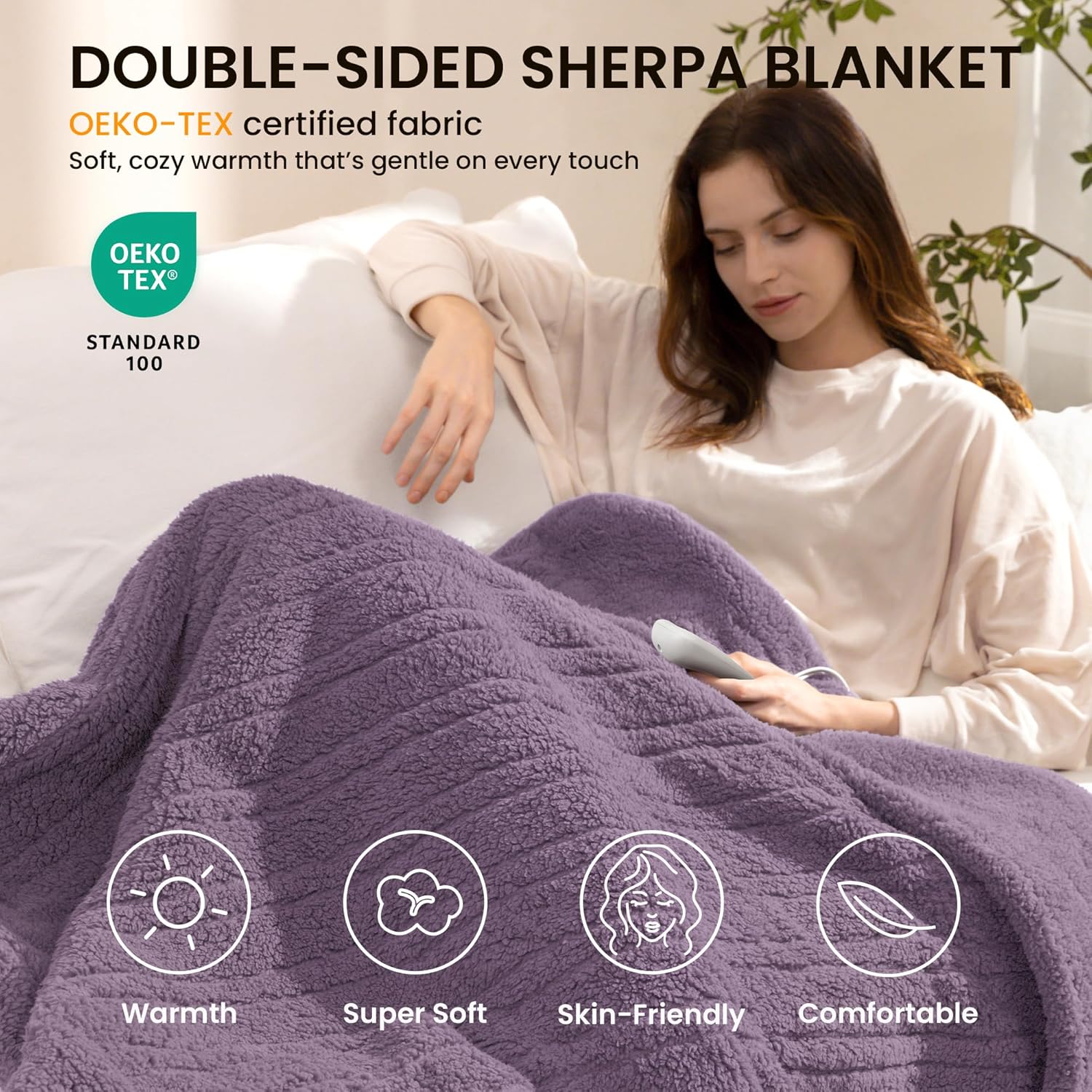 Heated Blanket Electric Blanket Queen - Fast Heating Blanket Throw Dual Control Double Sided Sherpa with 10 Heating Levels & 2-10 Hours Auto Off, Mashine Washable, 84 x 90 Inches, Purple