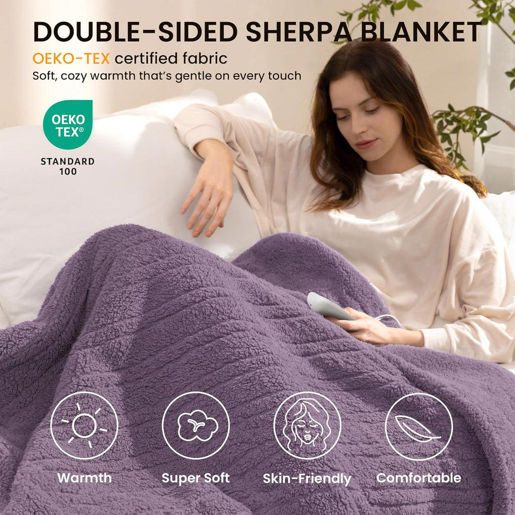 Heated Blanket Electric Blanket Throw - Fast Heating Blanket Throw Double Sided Sherpa Ultra Soft Cozy with 10 Heating Levels & 2-10 Hours Auto Off, Mashine Washable, 50 x 60 Inches, Purple
