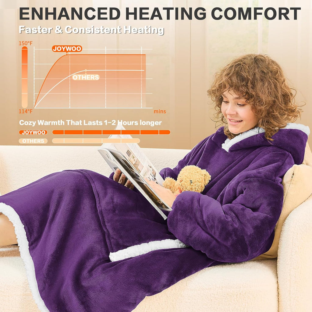JOYWOO Purple Wearable Heated Blanket Hoodie,Oversized Cordless Portable Heating Hooded Blanket Cat Lovers,Christmas Gifts for Women,Mom,Grandma,Electric Blankets Throw for Adult Outdoor,Dark Purple