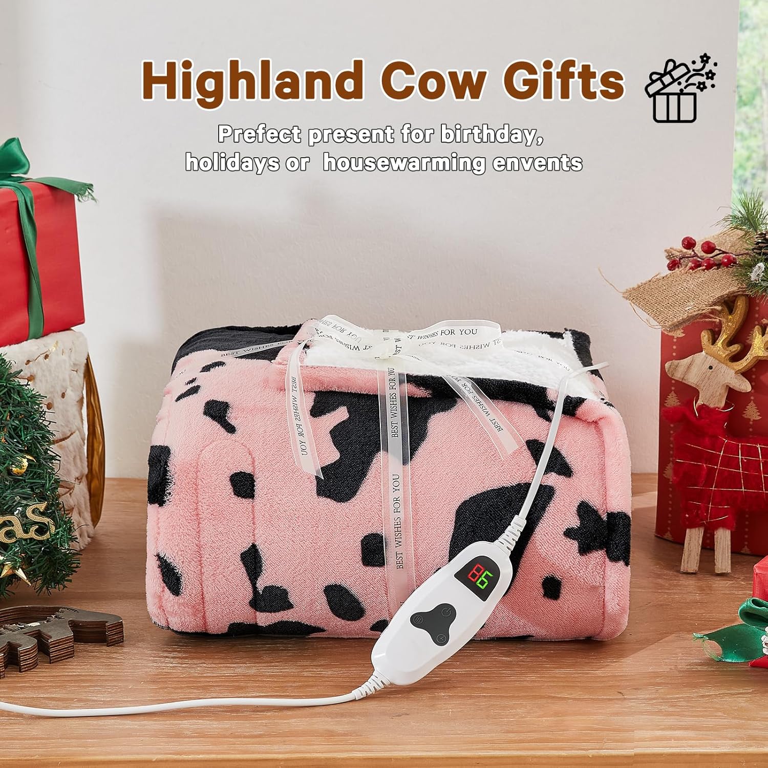 Cow Print Heated Electric Blanket Twin Size,62X84 Light Pink Heating Blanket with 10 Heats Levels & 8 Hours Auto Off,Highland Cow Fleece Sherpa Blankets Warmer Gifts for Women Adults,Washable