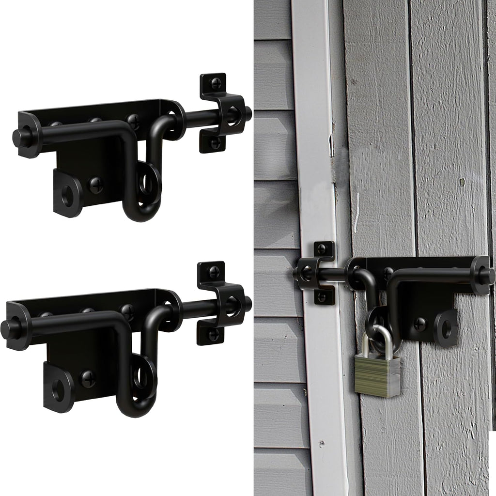 Heavy Duty Slide Bolt Gate Latch for Wooden Fence, 2 Way Barn Door Latch with Padlock Hole, Offset and Flush Mounted Gate Latch for Outdoor Gates/Yard Fence/Shed Door, Black, 2 Pack
