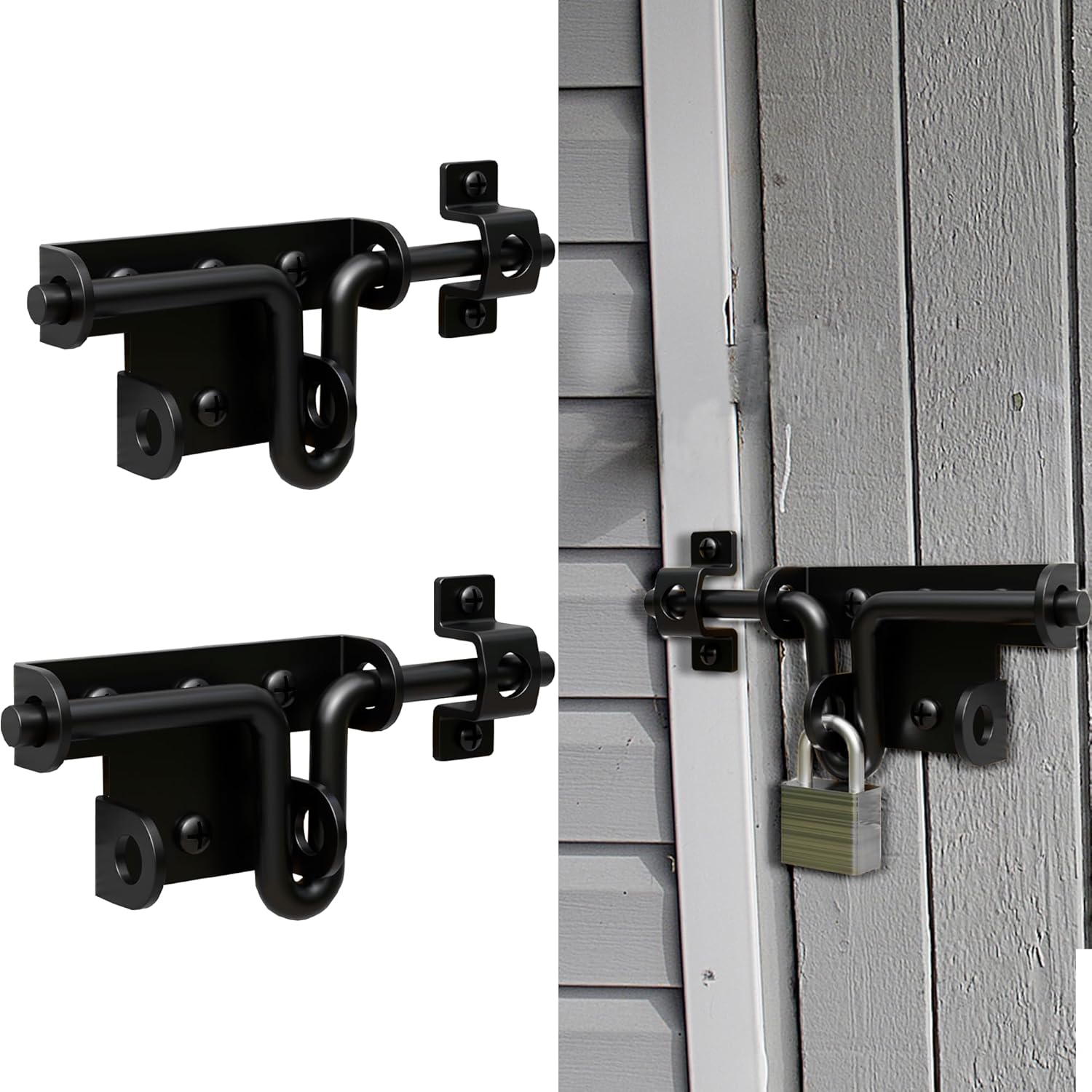 Heavy Duty Slide Bolt Gate Latch for Wooden Fence, 2 Way Barn Door Latch with Padlock Hole, Offset and Flush Mounted Gate Latch for Outdoor Gates/Yard Fence/Shed Door, Black, 2 Pack