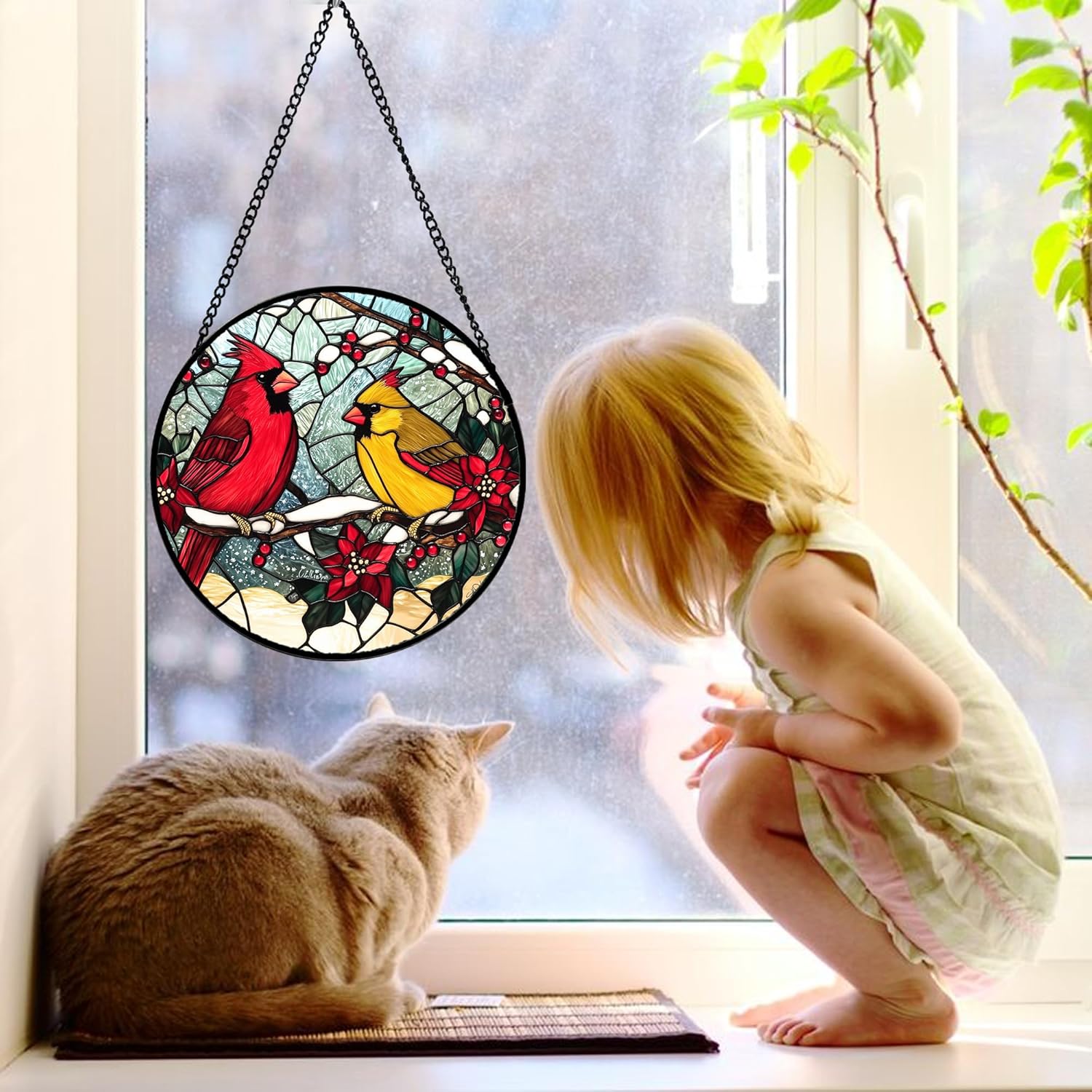 Stained Glass Window Hanging, Love Birds Cardinals Sun Catchers Colorful Glass Panel Birds Suncatcher Decor for Birthday for Women, Men, Wife, Lovers, and Mom 11.8x11.8 in