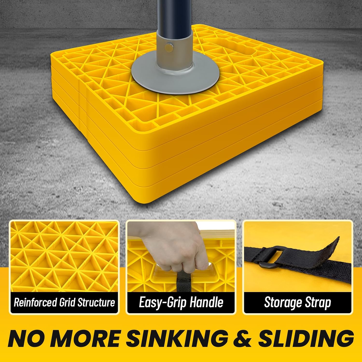 ROBLOCK Large RV Jack Stabilizer Pads,Sinking Resistant Stackable Camper Stabilizer Pads with Easy-Grip Handle and Handy Strap, Easy Storage & Organization, Yellow 4 Pack 14" x 12"