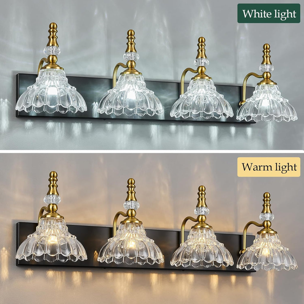 Vintage Bathroom Vanity Light, 4-Light Black Gold Vanity Lighting Fixture with Flower Glass Shade, Bathroom Lighting Fixtures Over Mirror