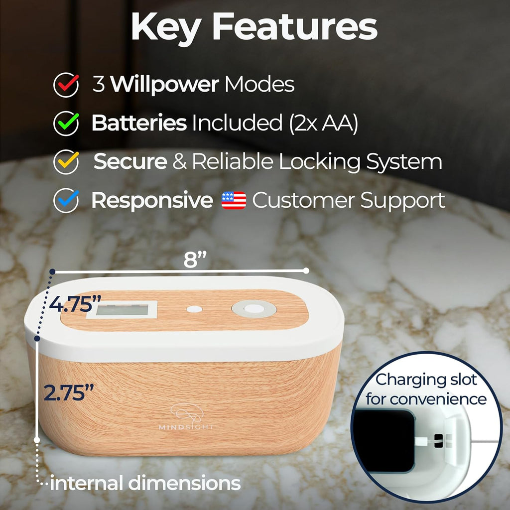 Mindsight Timed Lock Box | Unplug from Phones, Video Games, Social Media, Snacks & Cravings | 3 Modes based on Willpower | Easy to Use | Out of Sight ~ Out of Mind | Boost Your Mental Wellness