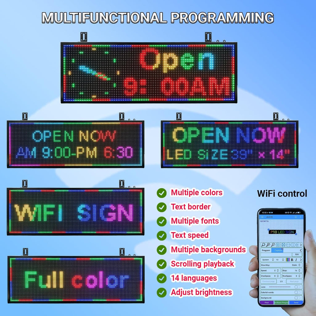 P10 LED Signs, Scrolling Led Programmable Sign Display 39"x14" , Multiple Colors Digital Message Board LED Open Signs For Business, WiFi Control Display Screen Menu Board Custom Banner Word, Outdoor and Indoor