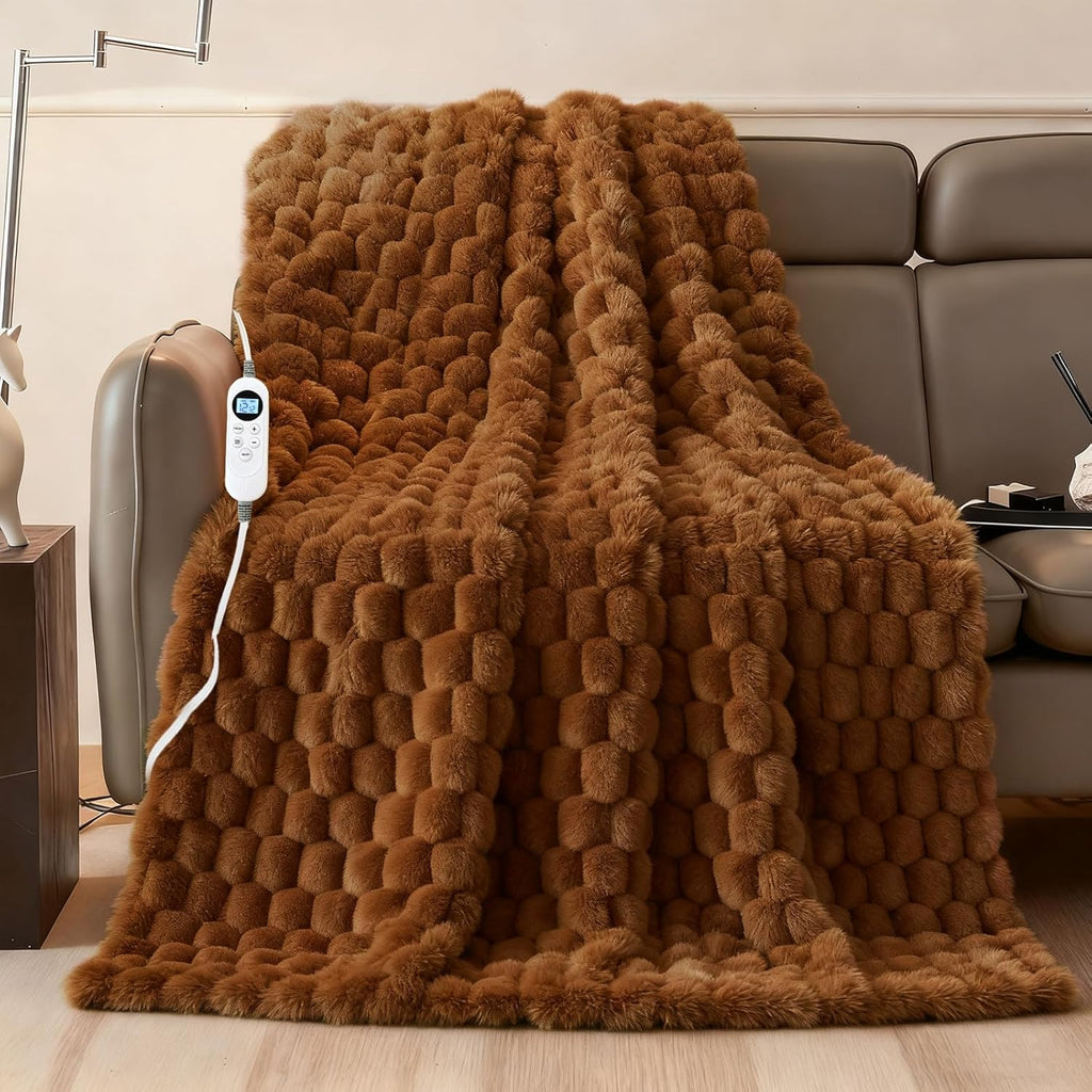 Electric Blanket 50" x 60" Soft Ribbed Faux Fur Flannel Quick Heat 12 Heat Levels 1-12 Hour Timer & Overheat Protection & Auto Shut Off & ETL FCC (Brown, Throw 50" x 60")