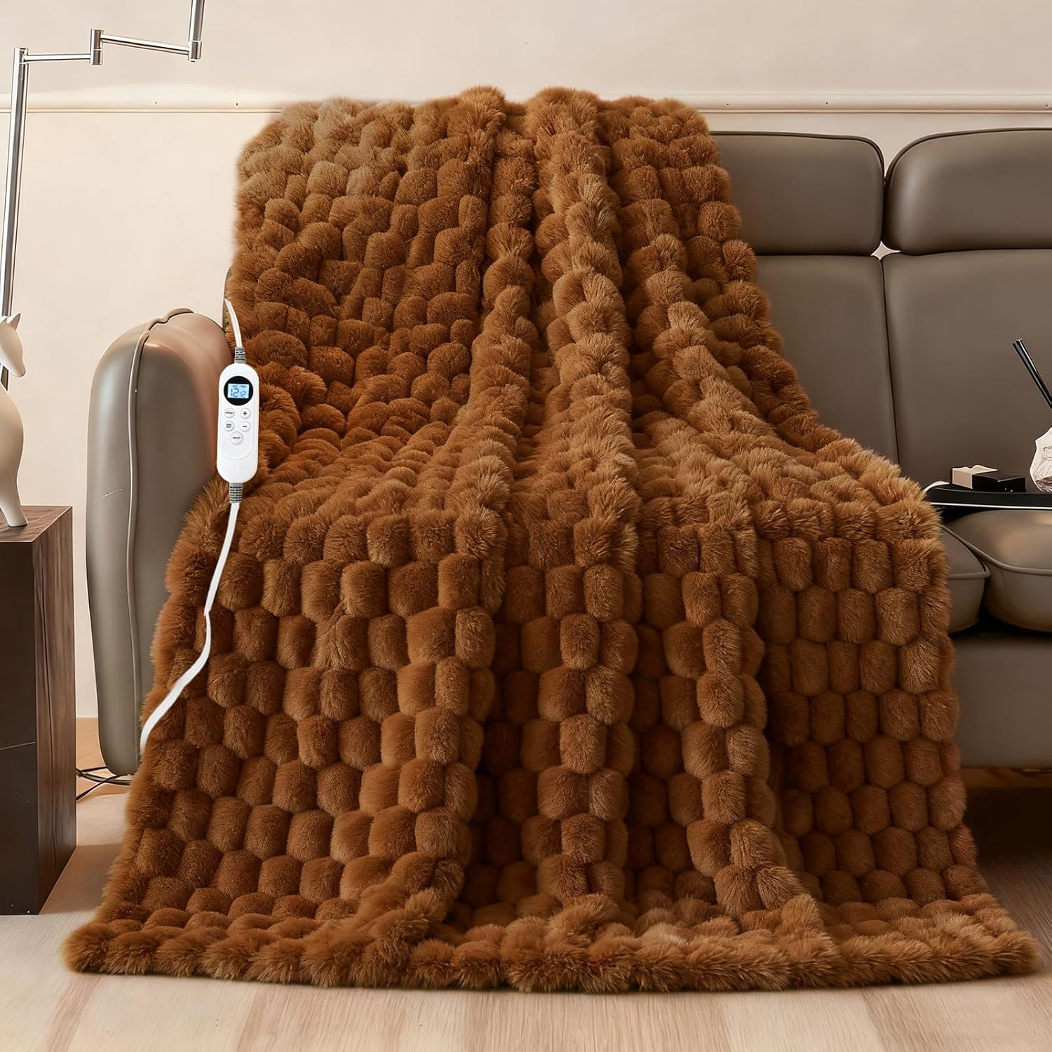 Electric Blanket 50" x 60" Soft Ribbed Faux Fur Flannel Quick Heat 12 Heat Levels 1-12 Hour Timer & Overheat Protection & Auto Shut Off & ETL FCC (Brown, Throw 50" x 60")