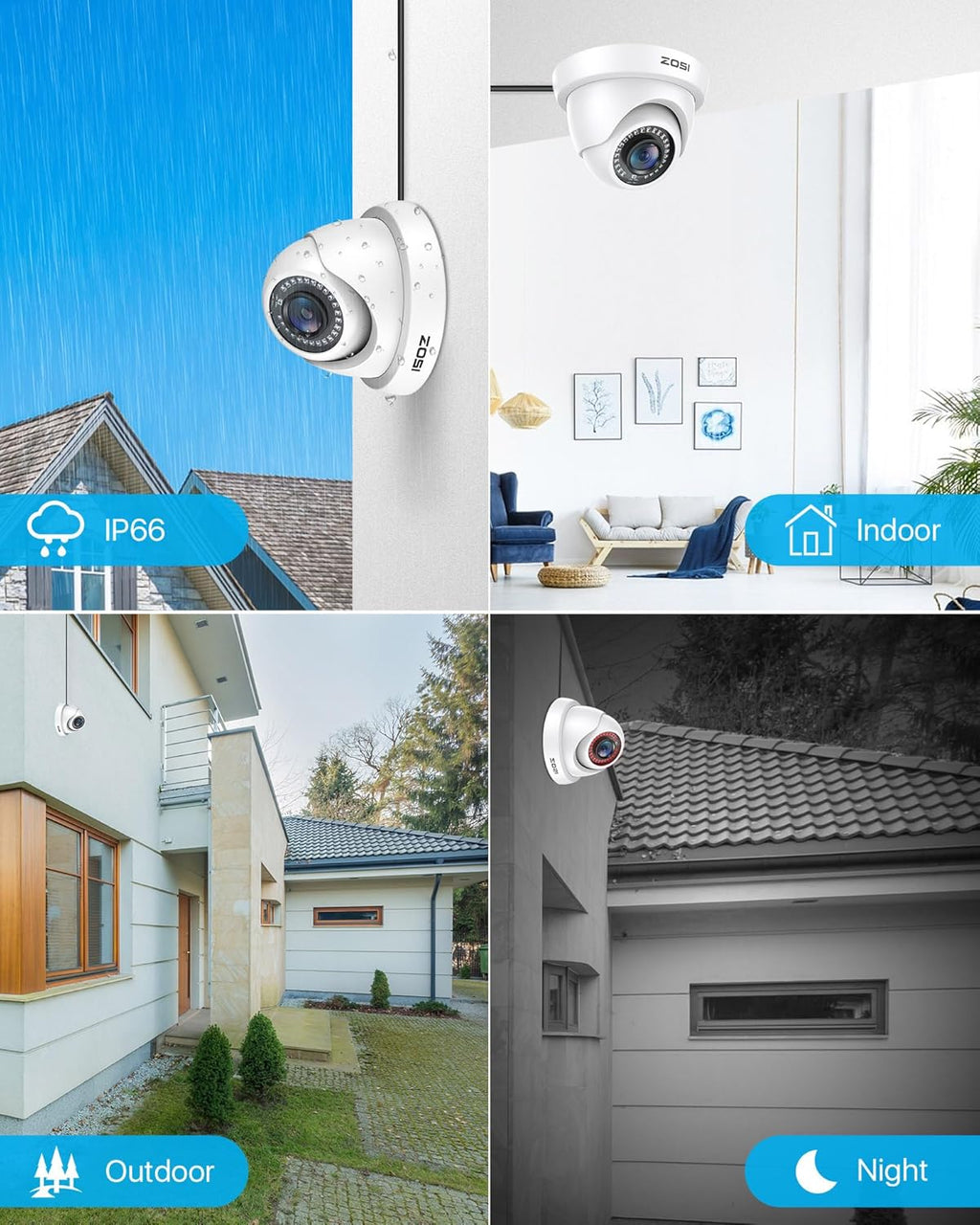 ZOSI 4Pack 2MP 1080P HD Security Cameras, 80ft Night Vision, IP66 Weatherproof, Indoor Outdoor Home CCTV Dome Camera for 1080P/5MP/4K HD-TVI Analog DVR Surveillance System