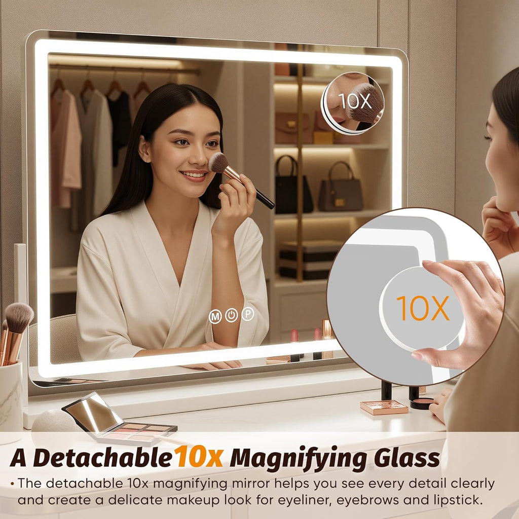 Vanity Mirror with Lights, 32"x22" Hollywood Lighted Makeup Mirror for Tabletop & Bedroom 3 Color Lighting Modes Smart Touch Control 360° Rotation Detachable