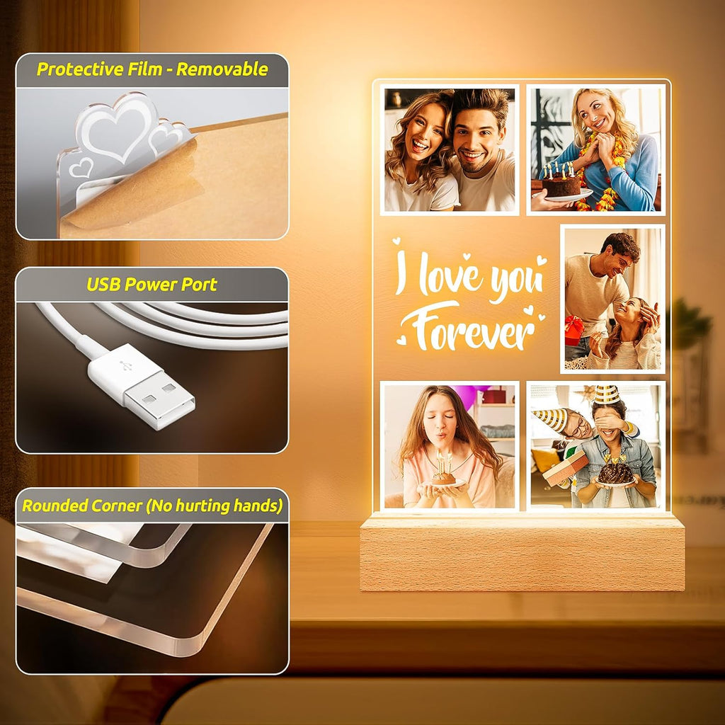 Custom Picture Frames, Customized Photo Frame with Night Light, Personalized Picture Frame, Personalized Anniversary Valentines Day Gifts for Women Men Her Him Girlfriend Boyfriend Couple Wife