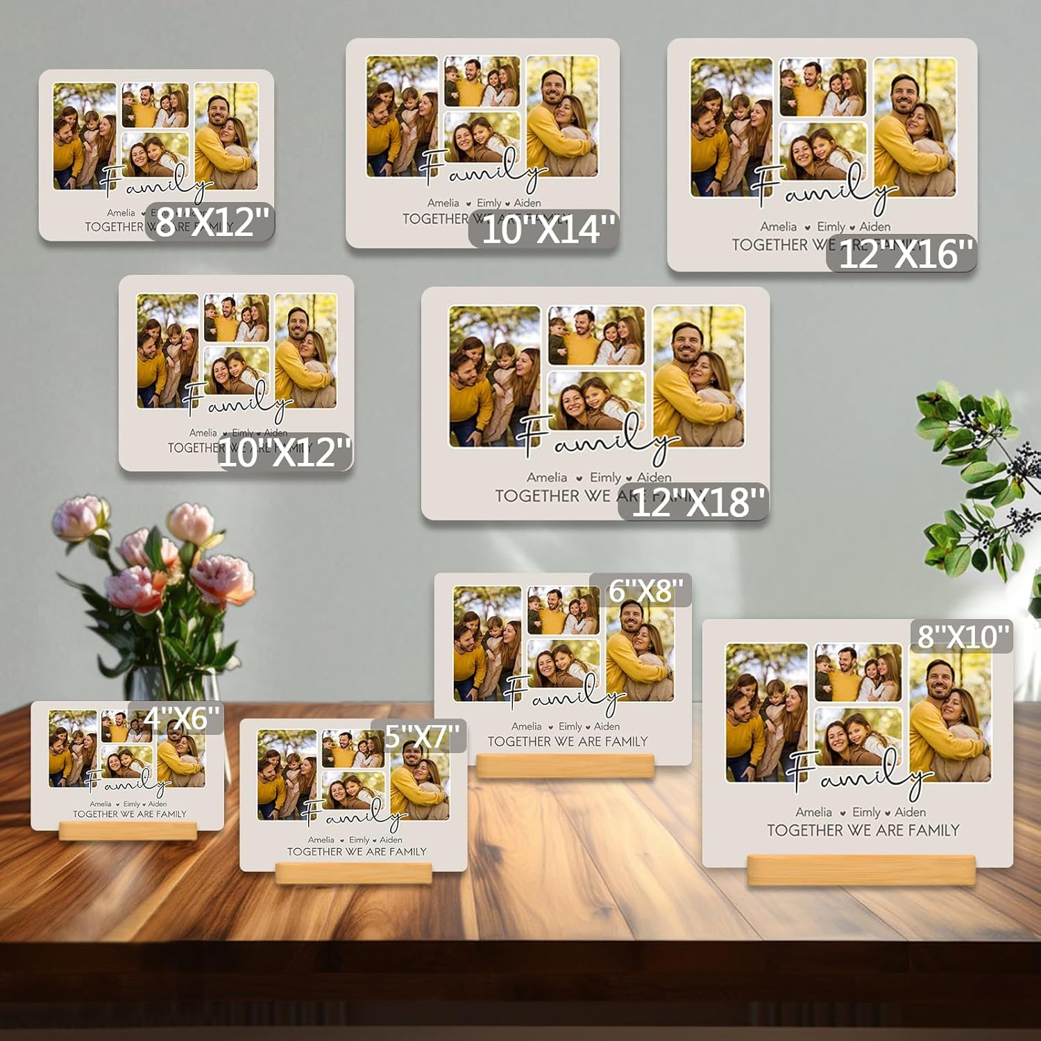Custom Photo Prints - Metal Desktop Picture Frame with Photos & Name & Wooden Base Personalized Gifts for Family Friends and Lovers, Optional Multiple Sizes