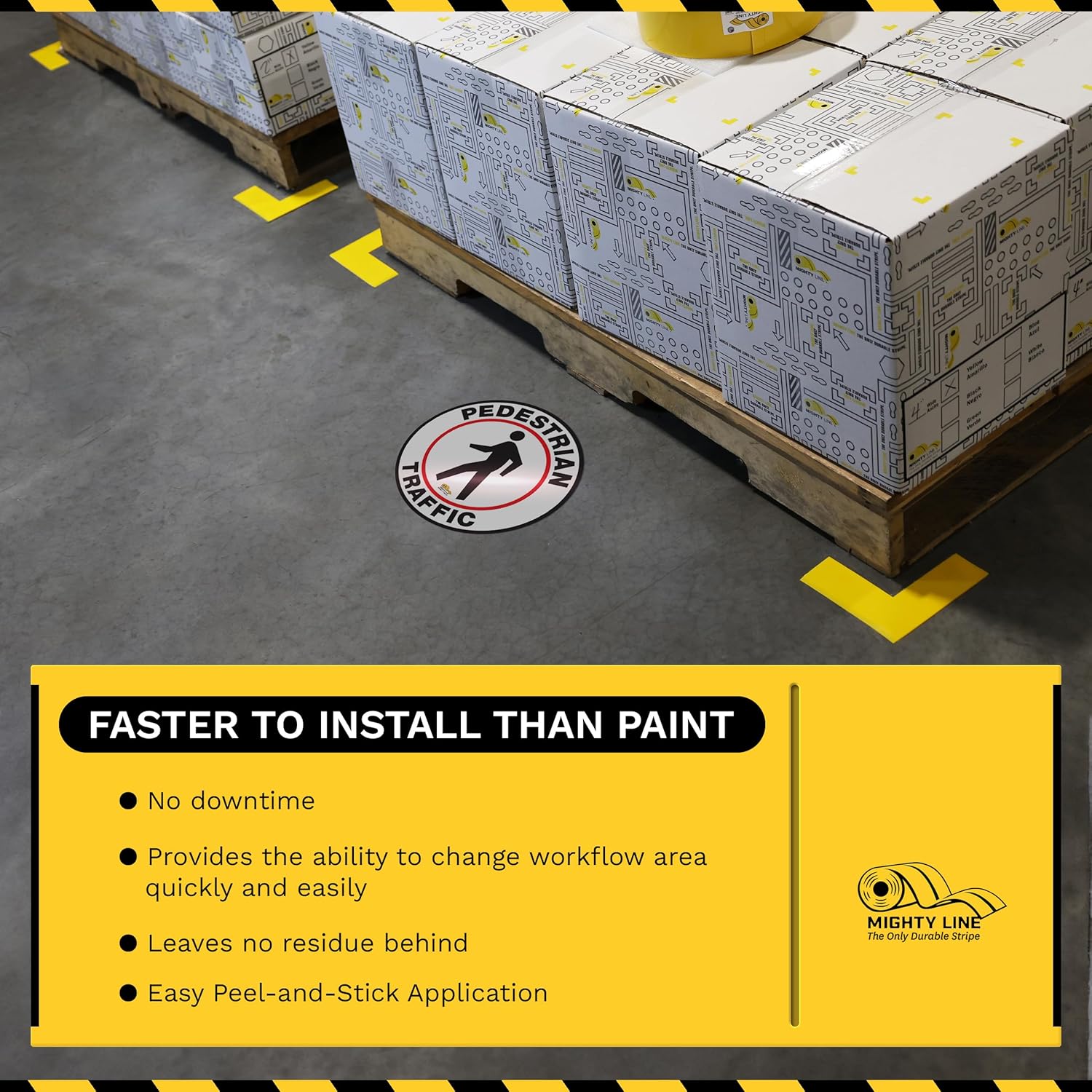 Mighty Line Pedestrian Traffic Crossing Walkway Floor Sign for Safety, Caution, Warning, Heavy-Duty, Peel and Stick, Adhesive, Industrial Quality, 12"