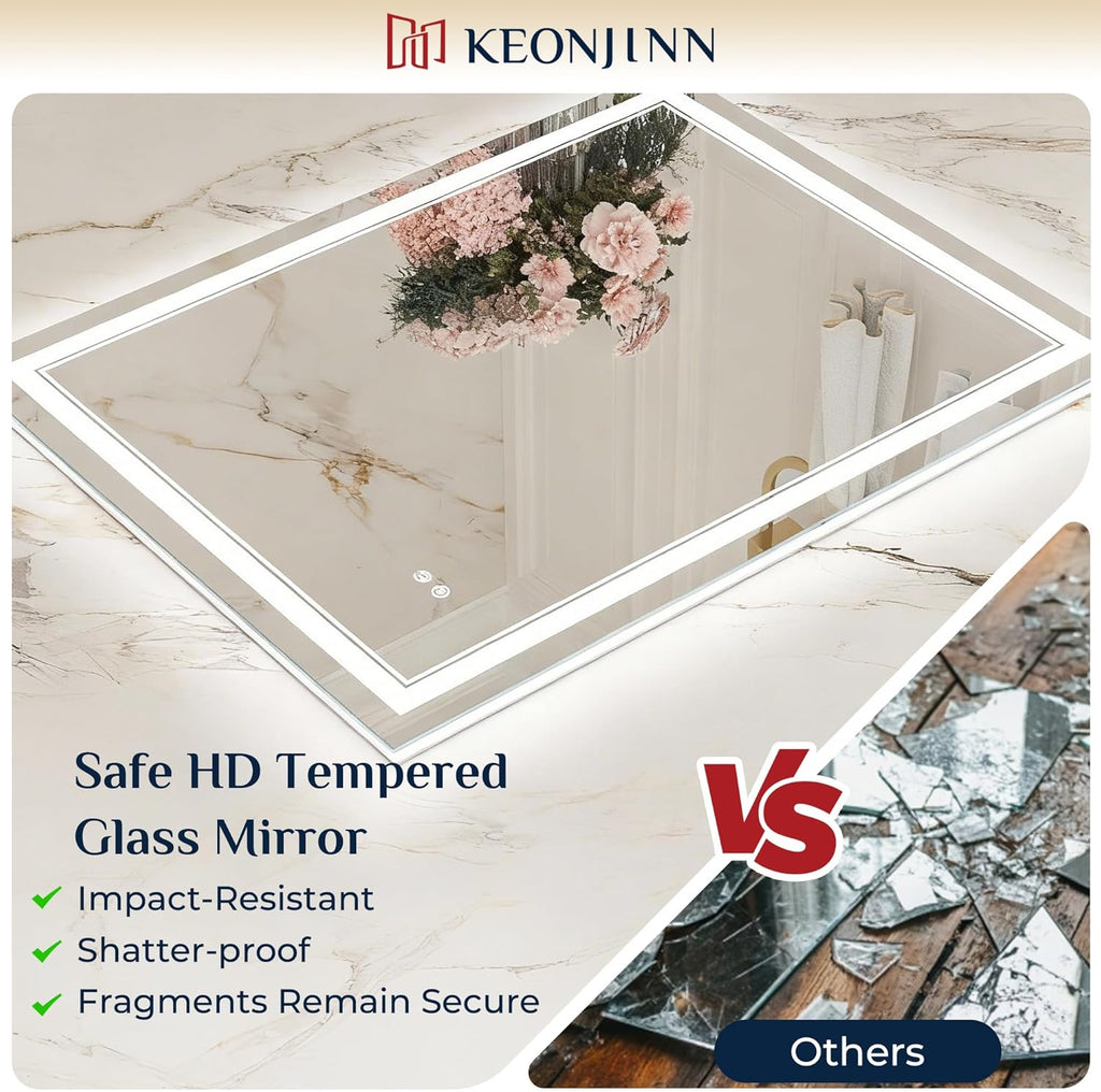 Keonjinn 30" x 32" Bathroom LED Mirror, Front & Back Lighted Mirror for Bathroom Wall, HD Tempered Glass, Safe Anit-Fog, 3000K/4500K/6500K, Dimmable, Frameless LED Wall Mirror with Lights