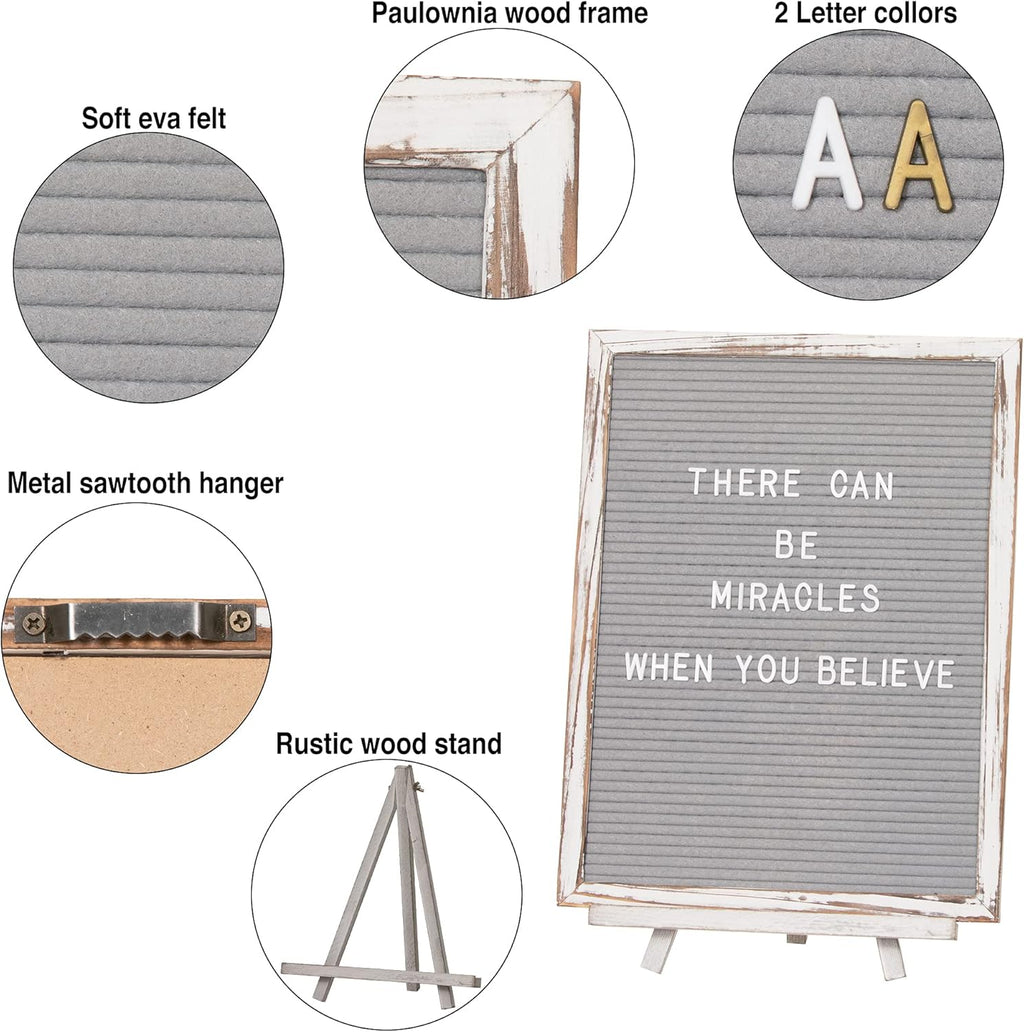 Felt Board With Rustic Vintage Frame and Stand 12x16 Inch, Grey Changeable Message Board Includes 792 Letters, Numbers and Symbols, Hook to Hang, 2 Canvas Bags