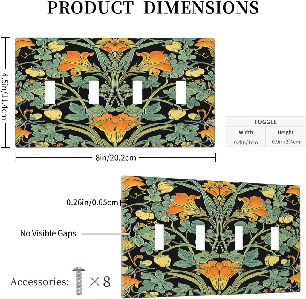 Light Switch Covers William Morris Vintage Floral Green Yellow Quad Toggle Electrical Faceplate 4 Gang Wall Plate Decorative Switch Plates for Bedroom Home Decor