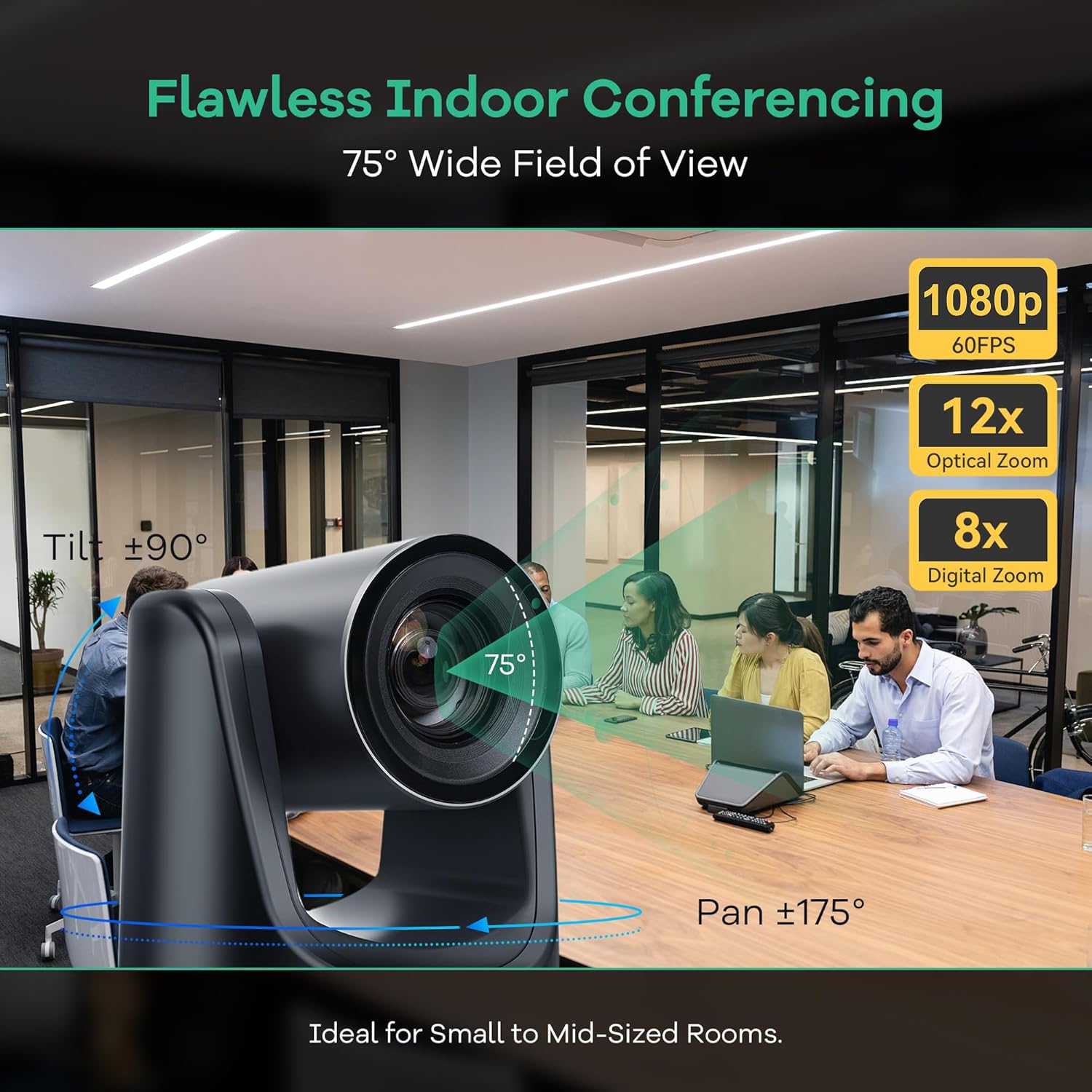 TONGVEO PTZ Camera AI Auto Tracking 12X Optical Zoom Conference Room Camera Wide View HDMI/USB3.0 60fps 1080P Video Conference for Church Worship Meeting Online Learn with Zoom YouTube OBS and More