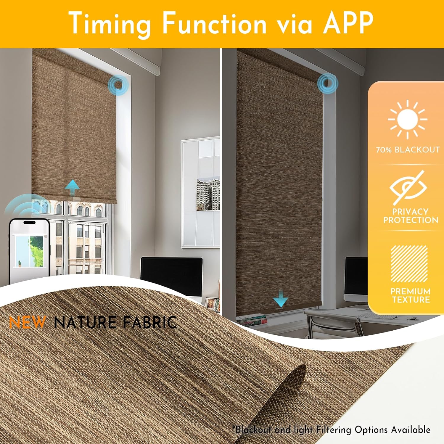 Persilux Smart Motorized Blinds with Remote, No Drill Automatic Roller Shades for Indoor Windows, Light Filtering Linen Fabric, Electric Blinds for Windows, Nature Brown C25-11, Custom Size
