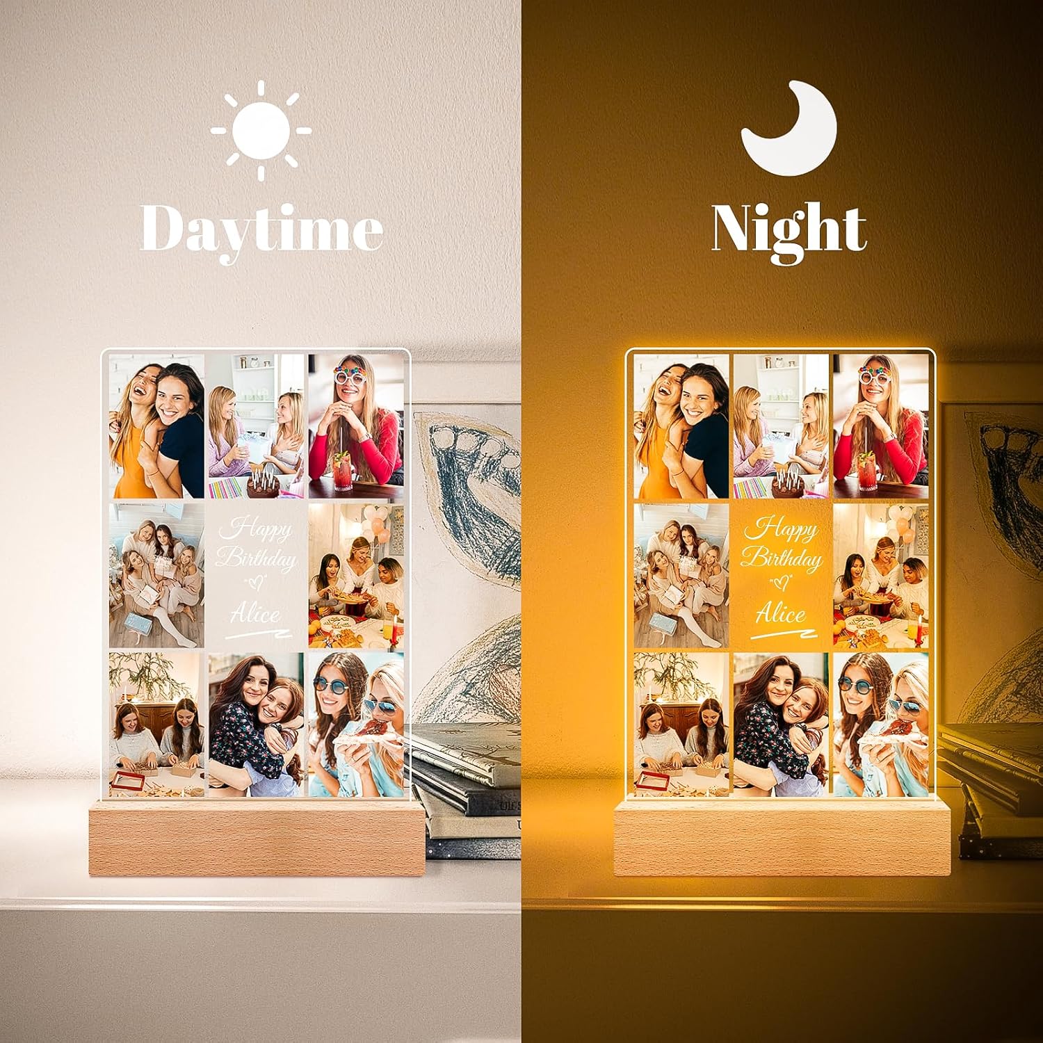 Custom Picture Frames with Photos, Personalized Photo Frame with Night Light, Customized Picture Frame, Personalized Birthday Gifts for Women Men Her Him Best Friends Wife Mom Dad Family Kid Baby