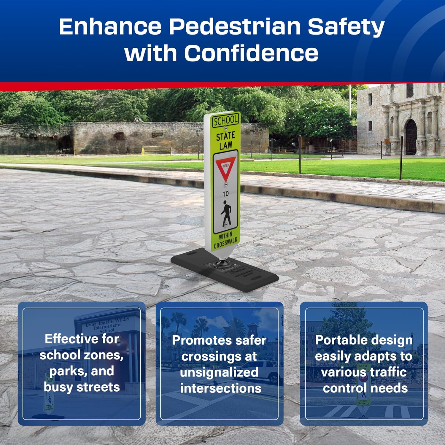 Impact Recovery - In-Street Pedestrian Crossing Signs - Street Sign - Road Safety School Yield Sign with Portable Base