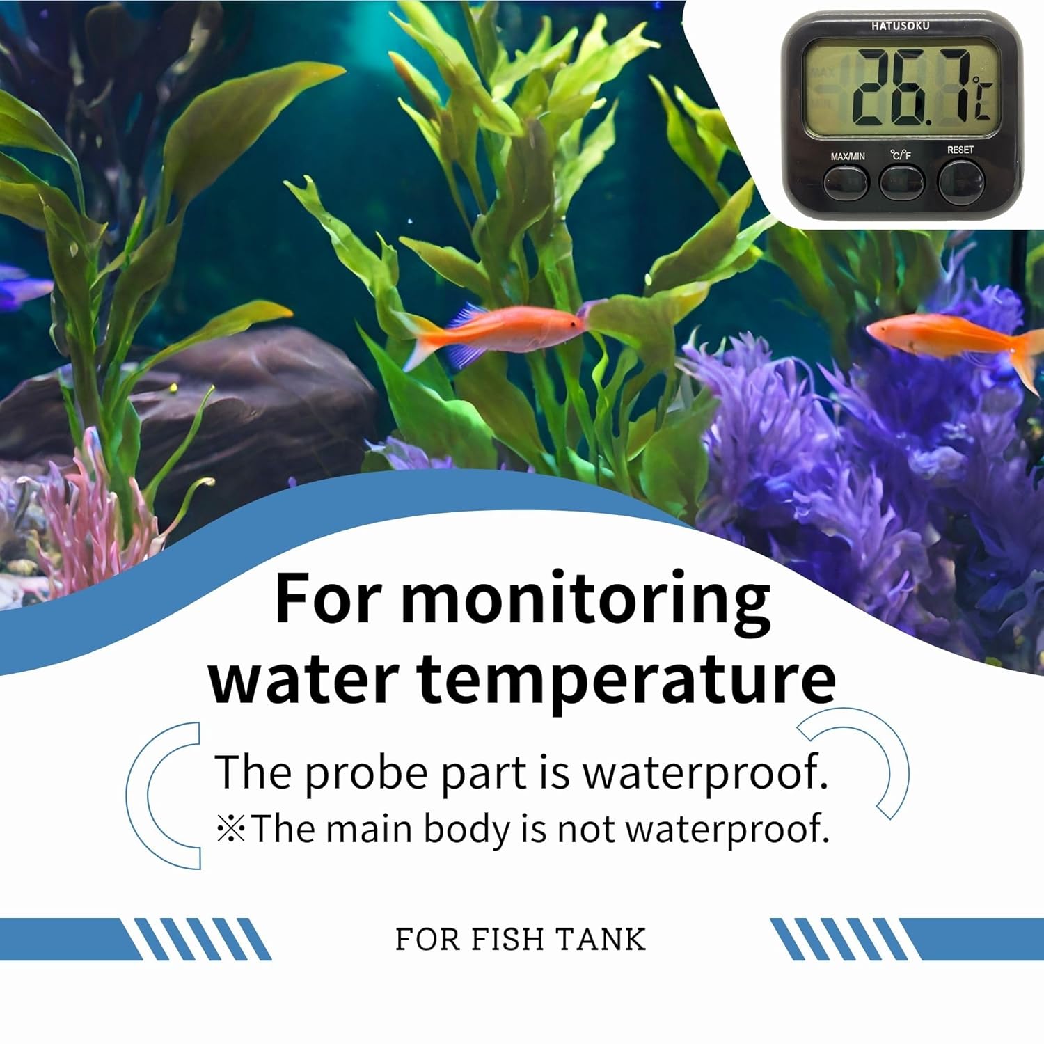 Digital Thermometer with External Sensor, Magnet, Suction Cup, Water Thermometer, Aquarium, Refrigerator, Freezer (Black)