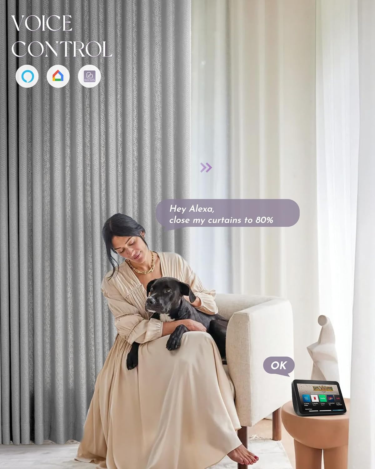 Graywind Rechargeable Smart Curtains Compatible with Alexa Google Remote Control Automatic Drapes for Sliding Door Room One-Way or Split Draw Joinable Curtain Custom Width Up to 220"(Pure White)