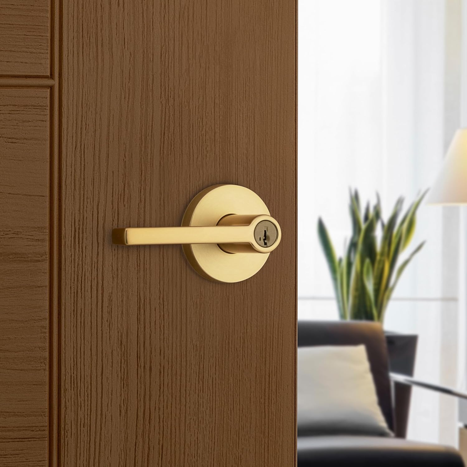 Kwikset Halifax Entry Door Handle with Lock and Key, Secure Keyed Reversible Lever Exterior, for Front Entrance and Bedrooms, Satin Brass, Pick Resistant Smartkey Rekey Security and Microban