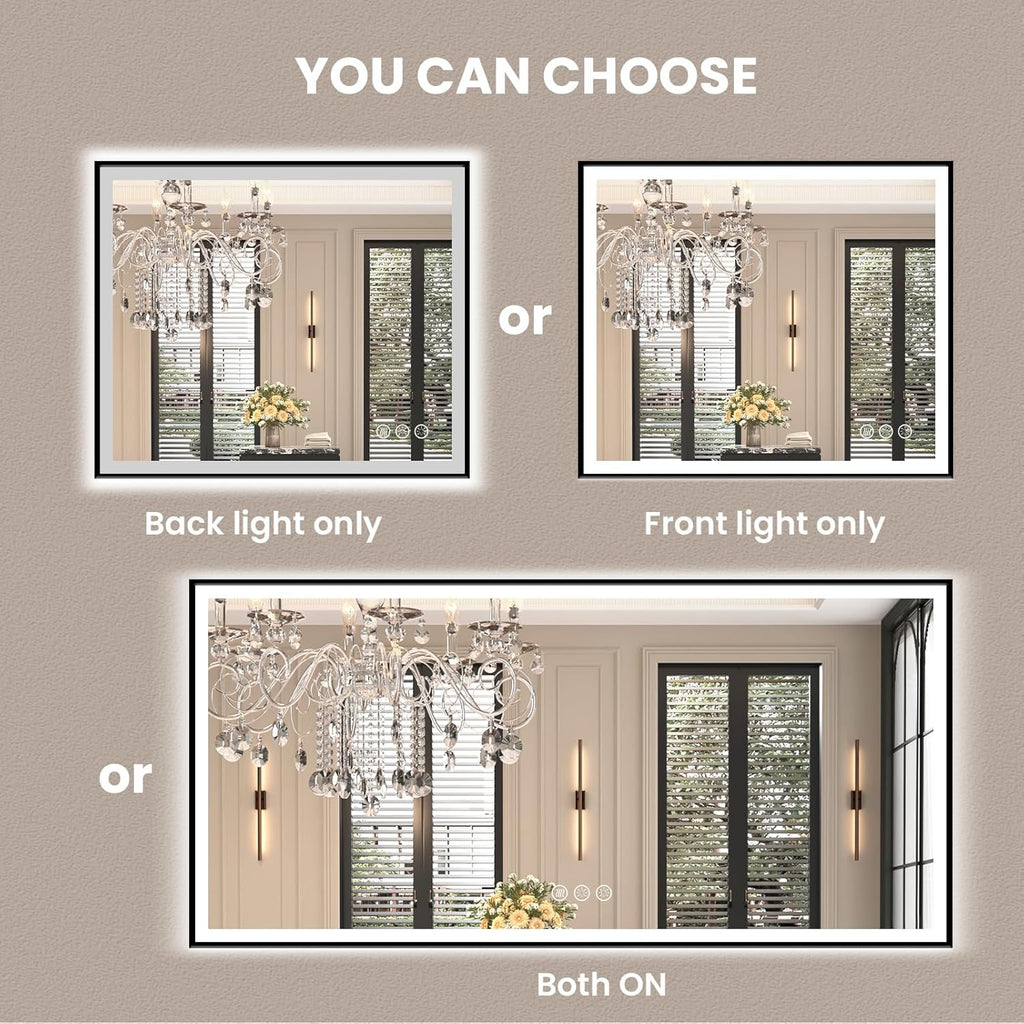 Amorho 36"x36" LED Bathroom Mirror with Black Frame, Front Light and Backlit(Controlled Separately), Stepless Dimmable, Anti-Fog, Shatter-Proof, 3 Colors, Memory