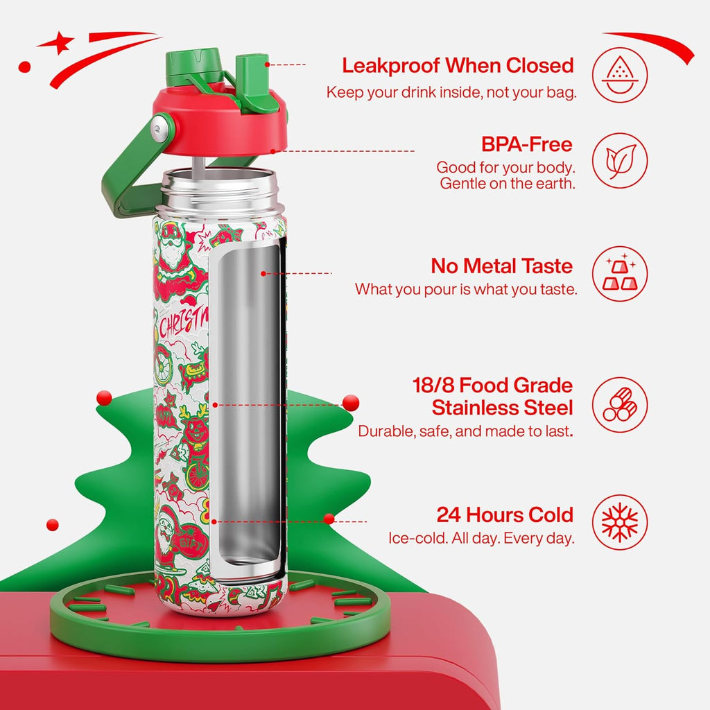 ENCOOL Christmas Insulated Water Bottle with Straw, Stainless Steel Water Bottle, Leak Proof BPA-Free, Keeps Cold for 24 Hours for Sports, Christmas Holiday Gifts for Women, 26 oz, Santa Rider