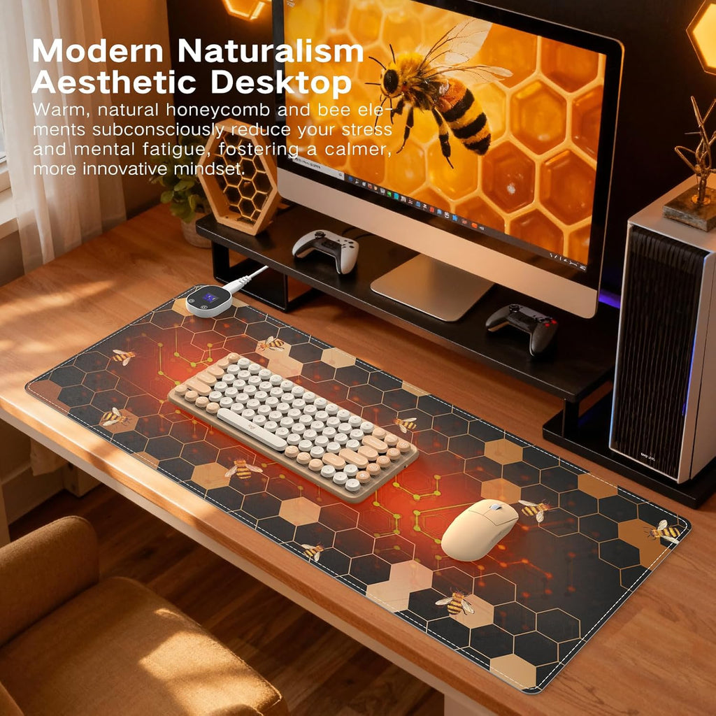 iCasso Heated Mouse Pad, XL Big Desk Pad with 4 Heating Levels & 4 Auto Shut-Off Levels for Computer Keyboard, 31.5" x 13" Large Safe Desk Mat Hand Warmer for Home Office Work (Honeycomb)