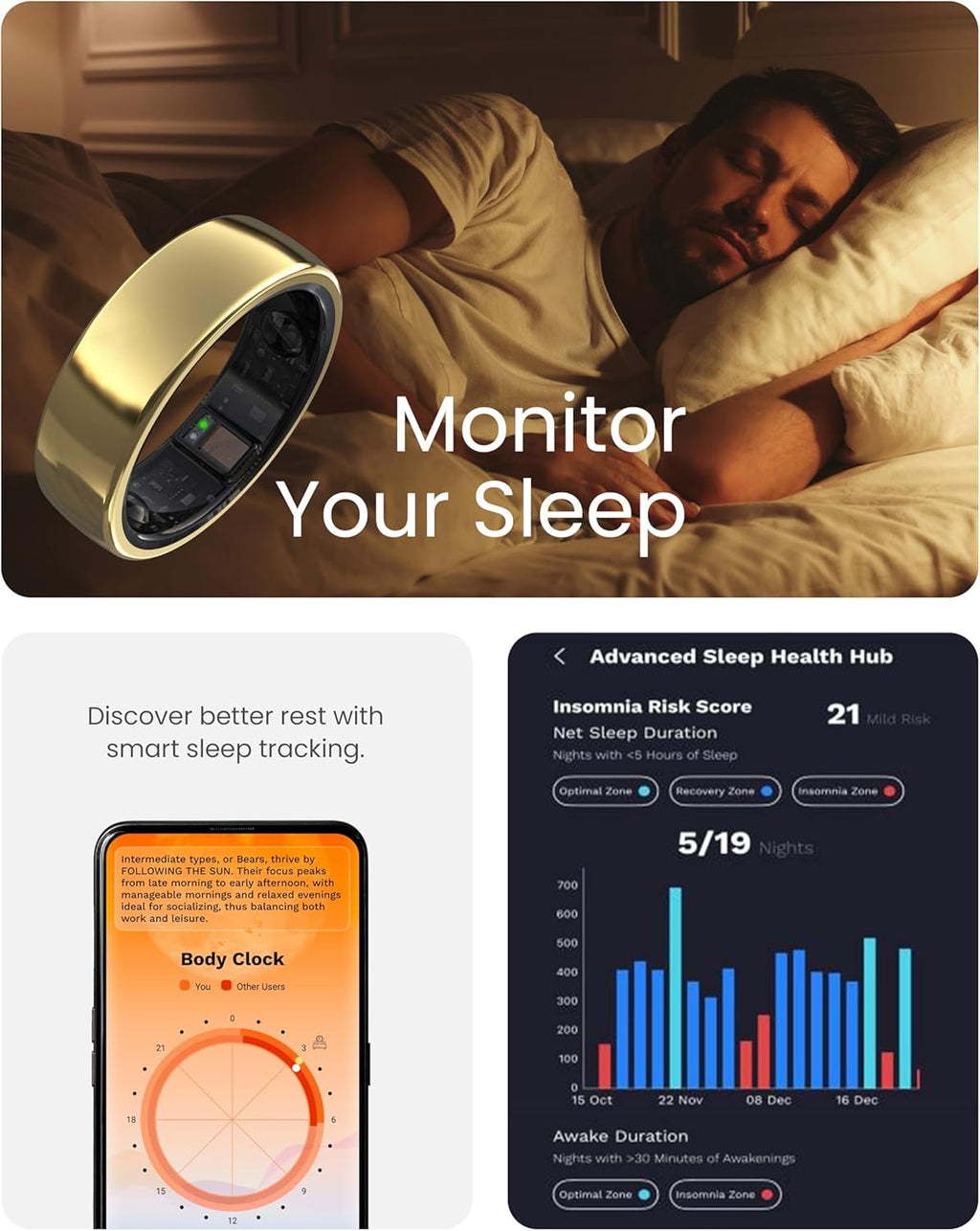 aaboRing Smart Ring, Men, Women, Track Heart Rate, Fitness, Activity, Sleep Stress Monitoring, Step Count, Up to 7 Days of Battery Life, Titanium, No App Subscription, Black 12