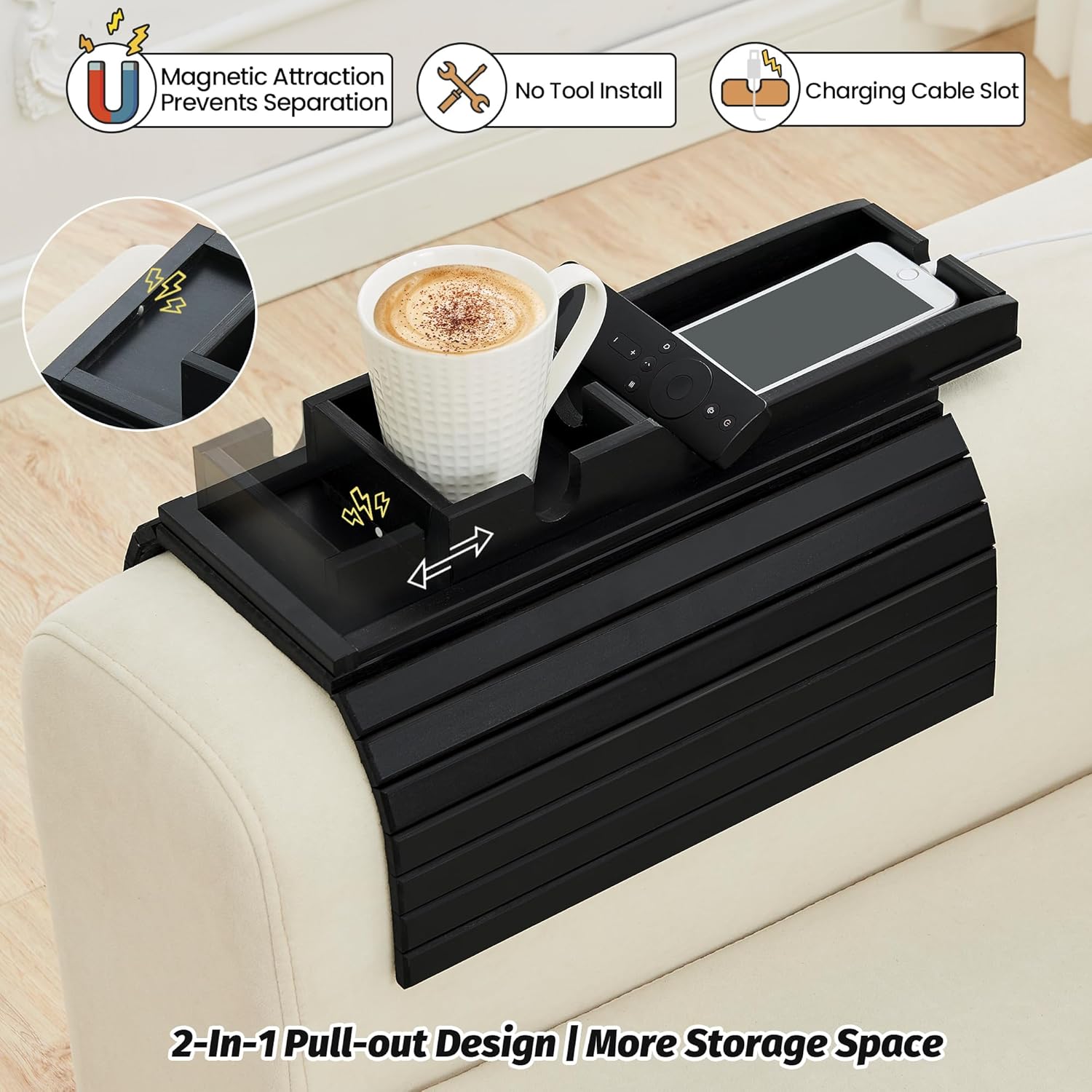 GEHE Detachable Couch Cup Holder, Anti Falling Sofa Arm Tray, Natural Bamboo Sofa Cup Holder More Safe for You Family, Portable Couch Arm Tray Armrest Table for Remote, Snacks, Phone, Drinks