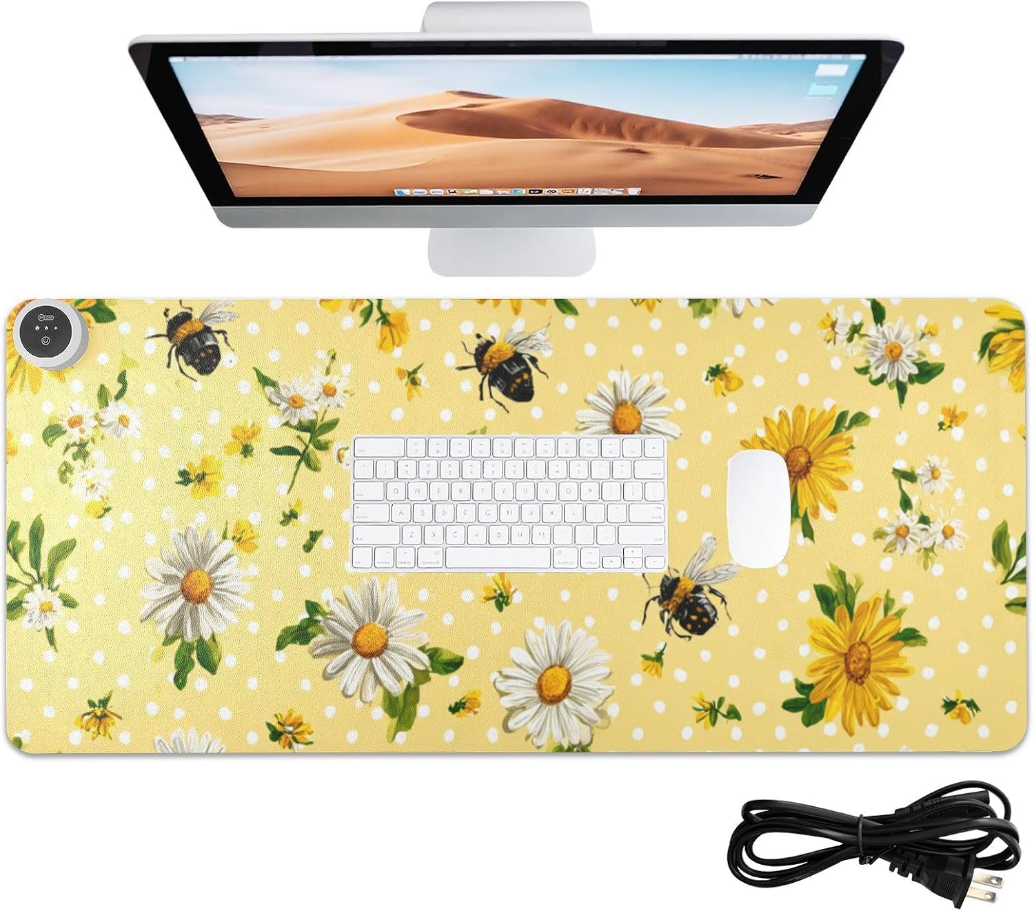 Heated Desk Pad Mouse Pad 31.5x13 Inch PU Leather Desk Mat with 3 Heat Levels Large Mouse Gaming Computer Laptop Mat Yellow Dot Bee and Daisy