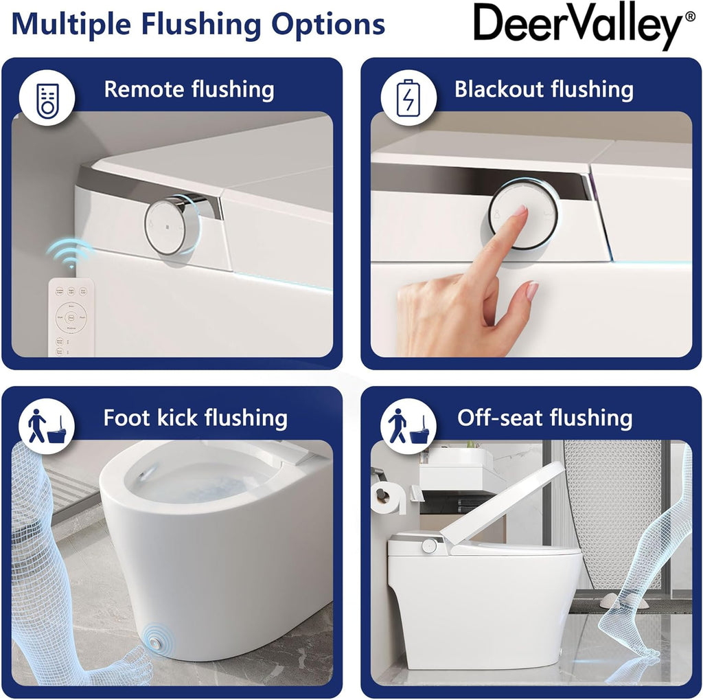 DeerValley Smart Toilet, One Piece Tankless Toilet with Bidet Built in Smart Toilet with 1.28GPF Auto Flush, Foot Kick, Blackout Flush, Warm Water, Heated Seat, Remote Control