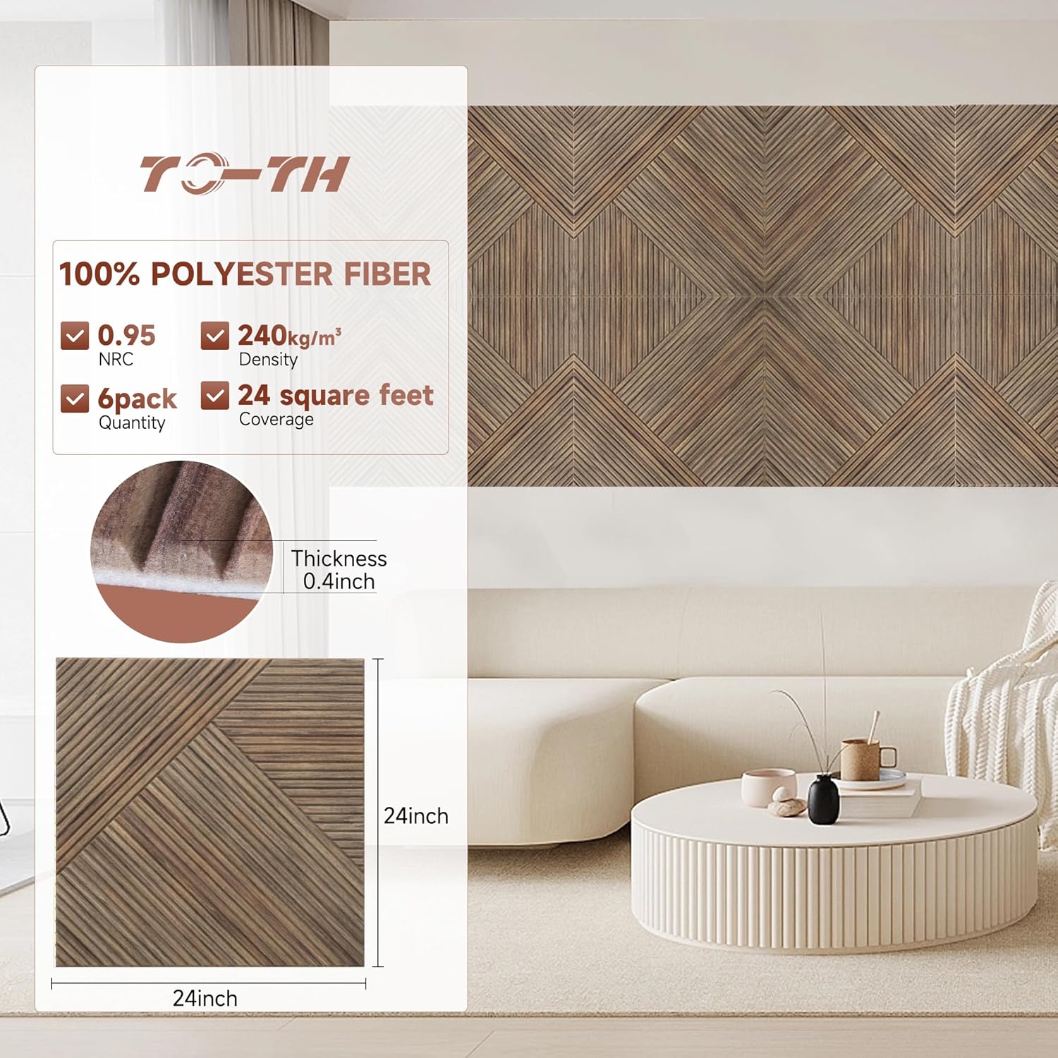 TO-TH Acoustic Panels for Wall and Ceiling - 6 Pack 2'x2'x0.4,Self-Adhesive 3D UV Printing Decorative Wall Panels with Wood Look,Natural Walnut