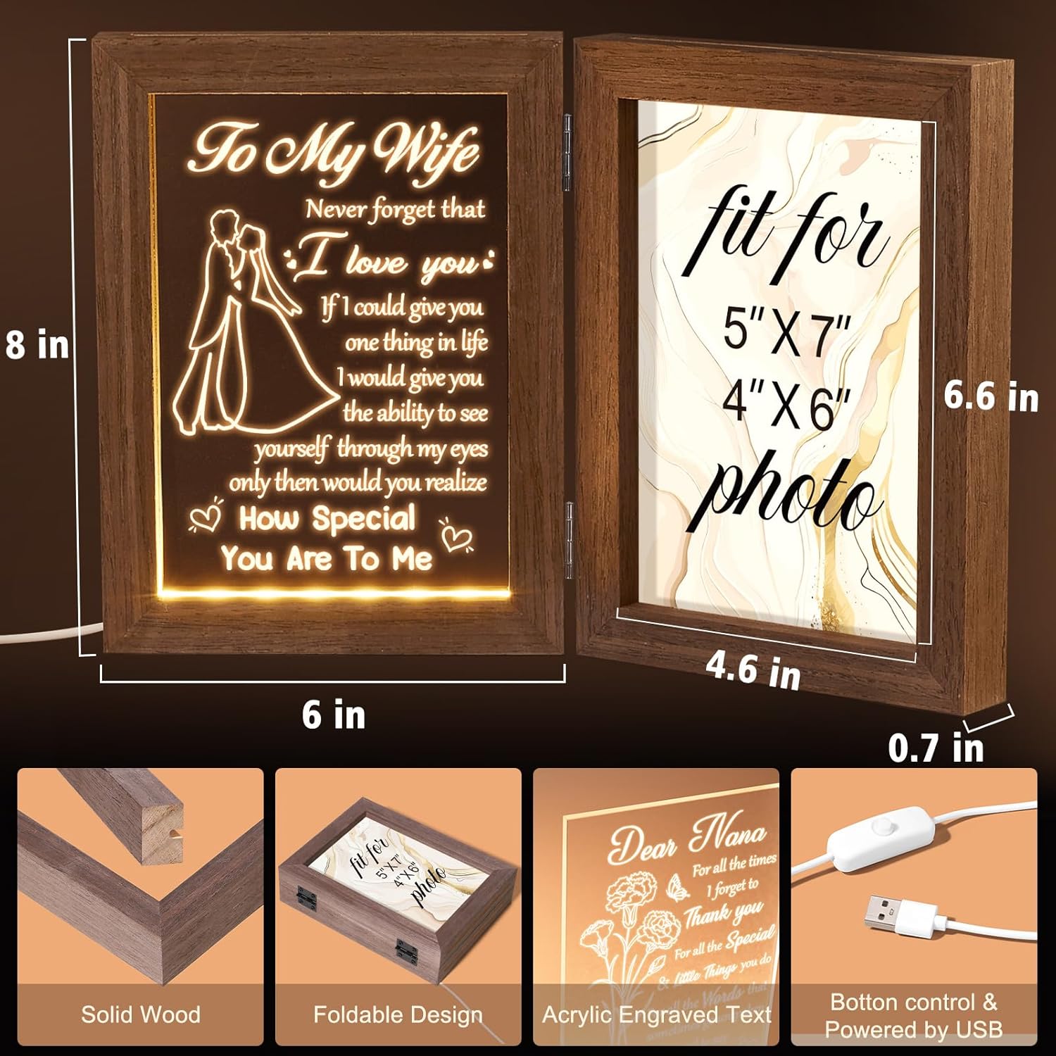 Christmas Gifts for Wife from Husband - Wife Gifts Picture Frame 5x7 with Night Light, Wedding Anniversary Birthday Gift for Women Wifey Ideas Valentines Day I Love You Gift for Her Romantic to Wifey