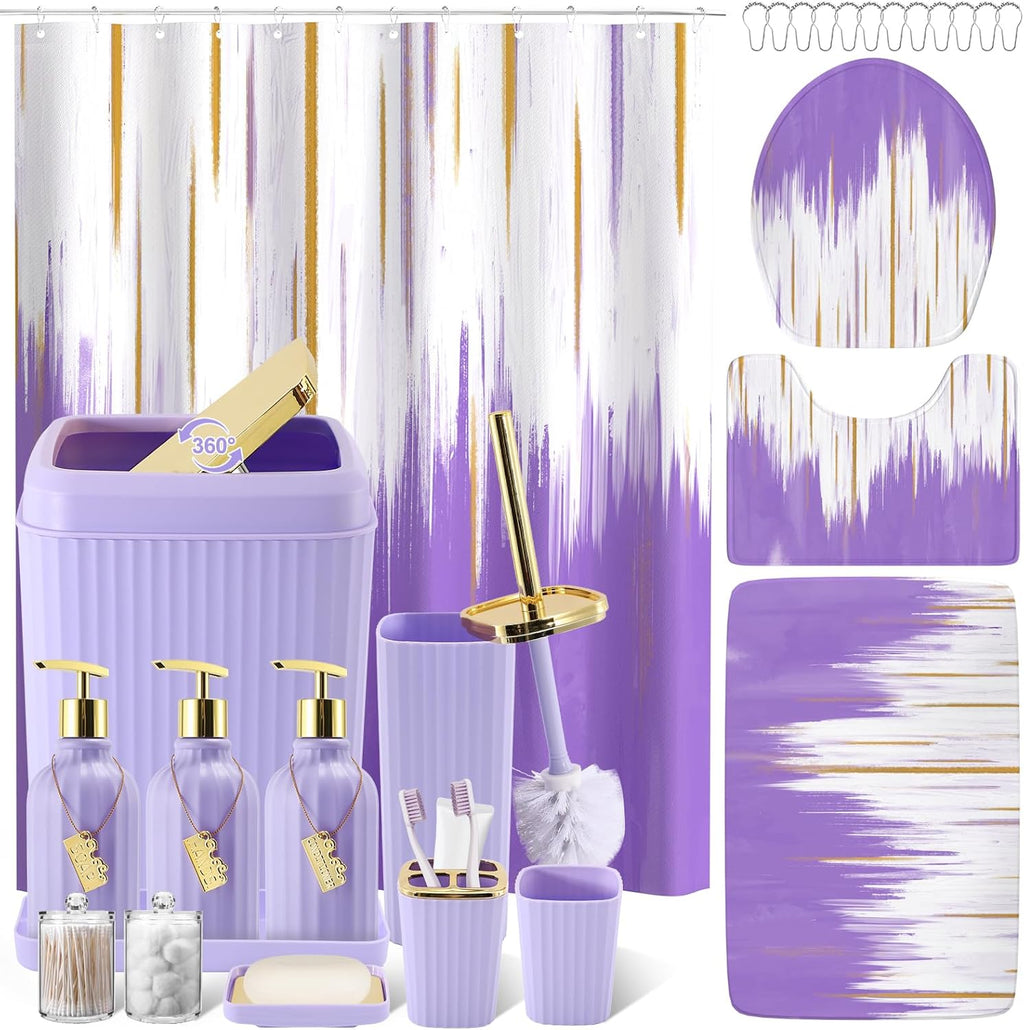 32PCS Bathroom Sets with Shower Curtain and Rugs-Purple Bathroom Accessories,Non Slip Bathroom Rugs Set with Toilet Lid Cover, Waterproof Shower Curtain, 3PC Soap Dispenser with Trash Can