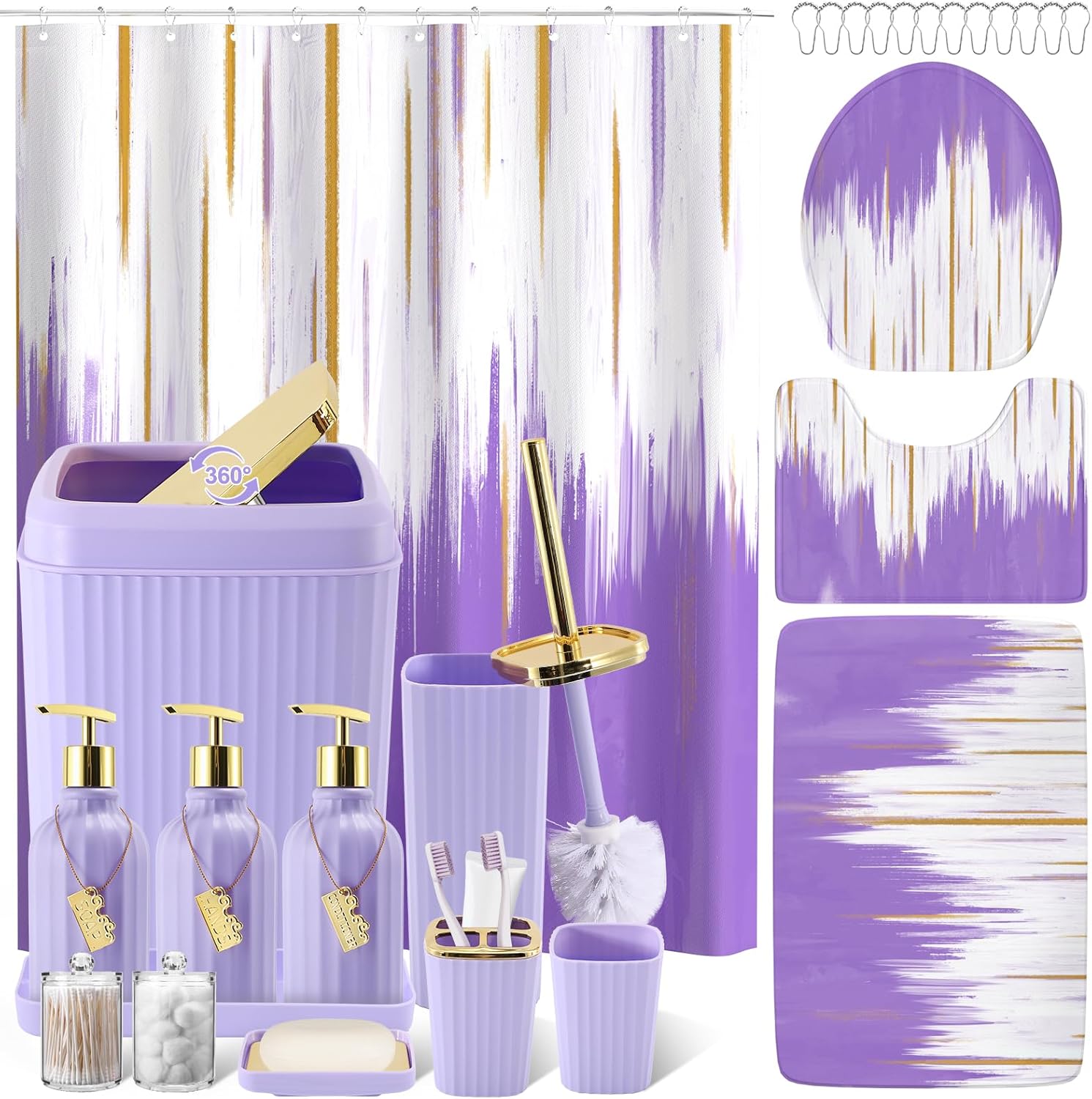 32PCS Bathroom Sets with Shower Curtain and Rugs-Purple Bathroom Accessories,Non Slip Bathroom Rugs Set with Toilet Lid Cover, Waterproof Shower Curtain, 3PC Soap Dispenser with Trash Can