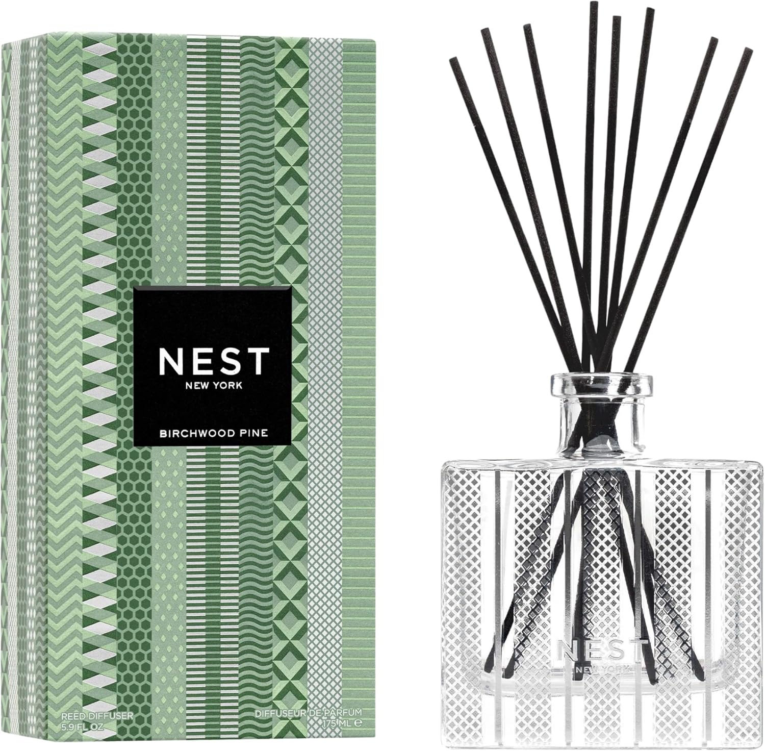 NEST New York Christmas Tree Reed Diffuser, Birchwood Pine - 5.9 fl oz - Fragrance for Up to 90 Days - Reusable, Refillable Glass Holder - Includes 8 All-Natural Reed Sticks - Flame Free