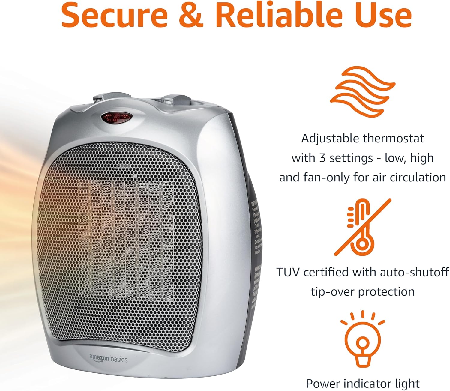Amazon Basics Ceramic Space Heater, Portable Indoor Heating Solution, With Overheat and Tip-Over Protection, Thermostat, Non-Oscillating, 1500W, 7.52"D x 6.34"W x 9.45"H, Silver
