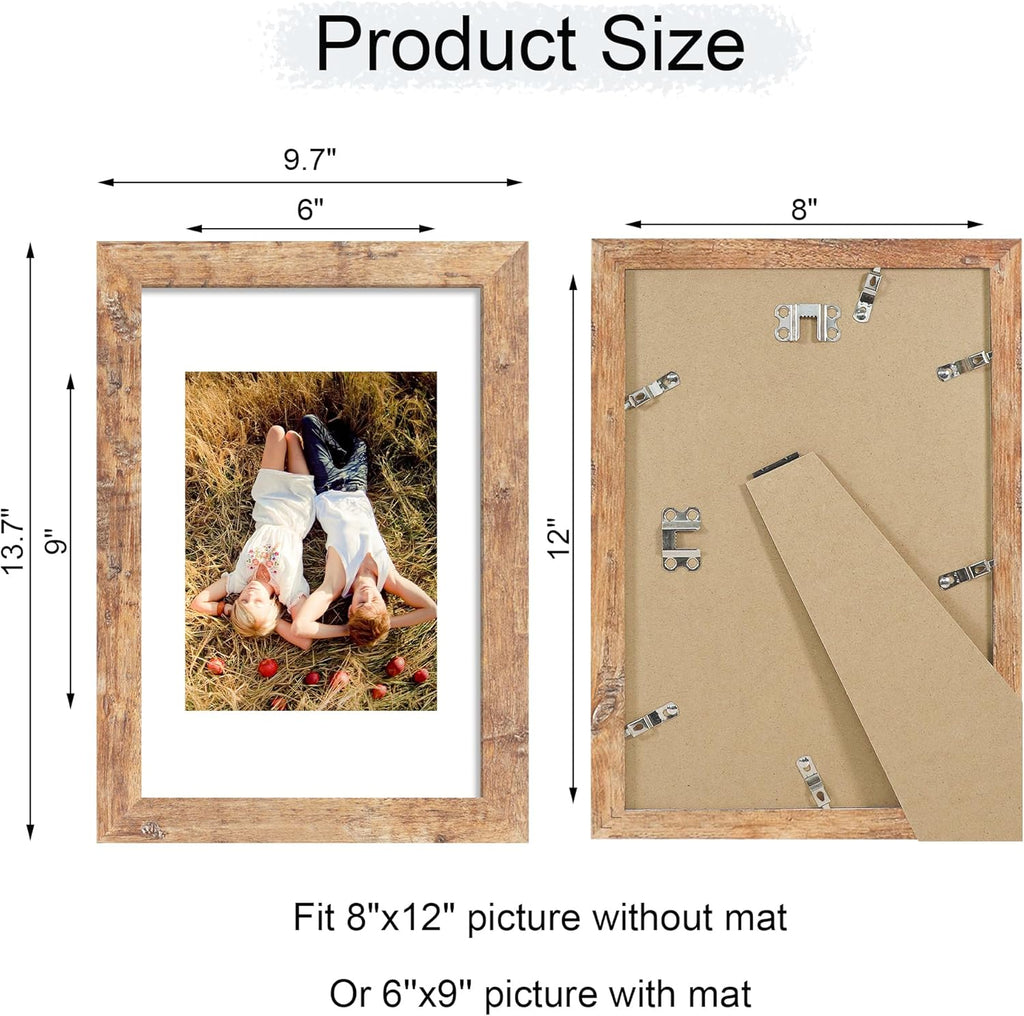 iRahmen 8x12 Picture Frame with HD Tempered Glass, Display Pictures 6x9 with Mat or 8 x 12 Without Mat, Wood Photo Frame for Tabletop and Wall (Rustic Brown, 1 Pack)