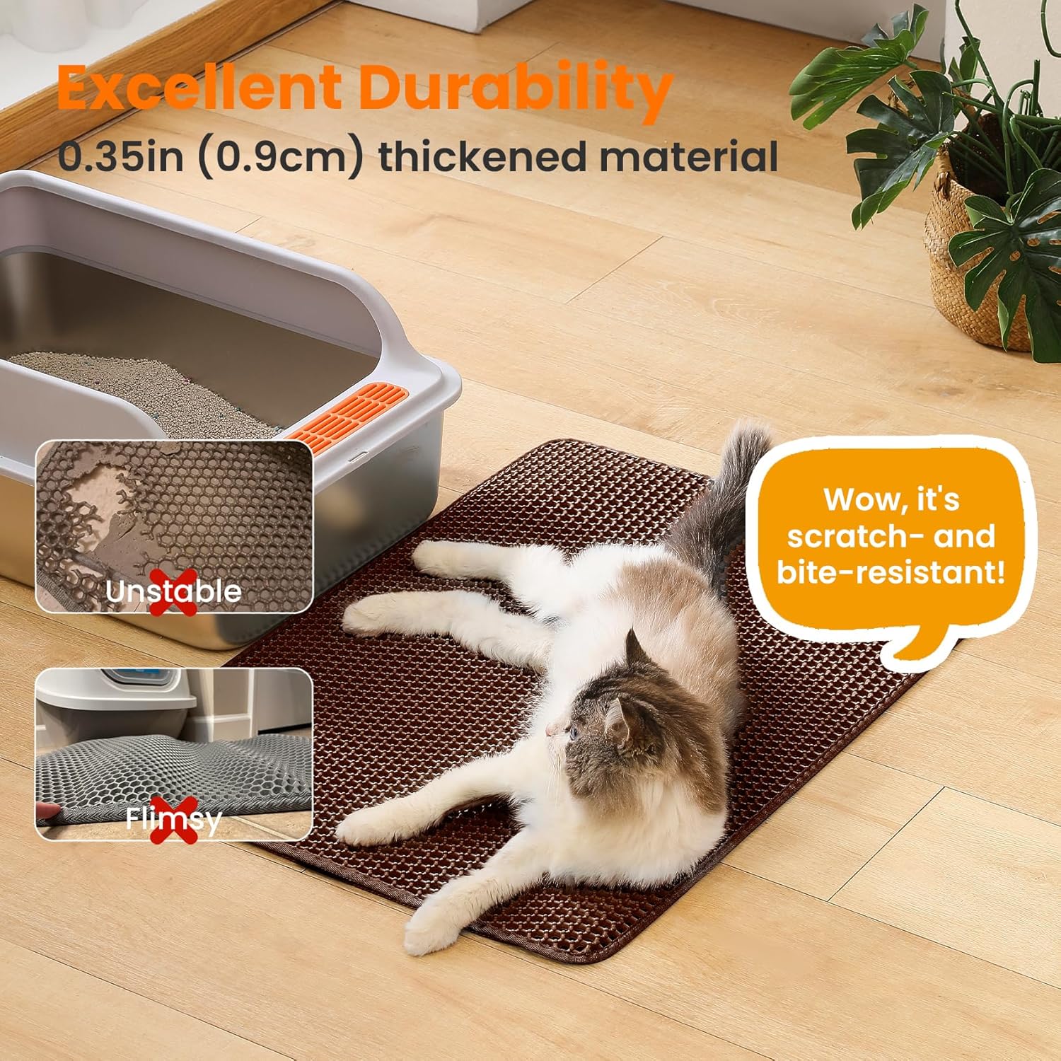 Extra Large Cat Litter Mat, 30x22 Inches Honeycomb Double Layer Cat Litter Trapping Mat, Non Slip Waterproof Urine Proof Large Kitty Litter Box Mat for Floor, Kitten Supplies, XL, Brown