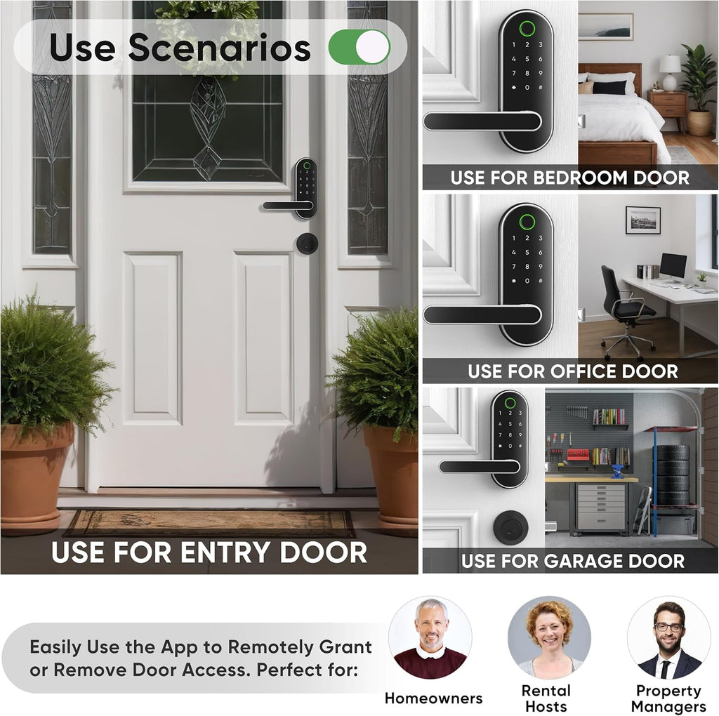 Keyless Entry Fingerprint Digital Smart Lock with Handle & Keypad: Electronic/Electric Lock with Code, App Control Biometric Deadbolt Door Knob for Front, Interior, Exterior & Bedroom Door (Silver)